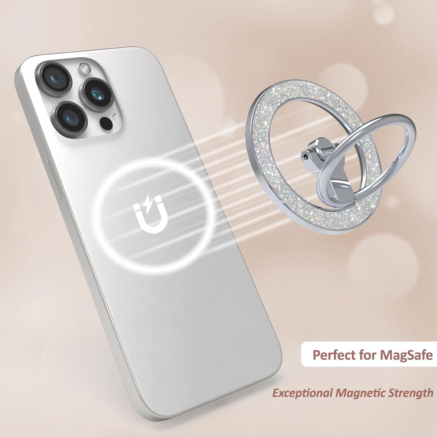 for MagSafe Phone Grip Stand, Magnetic Phone Ring Holder for MagSafe, Magnetic Ring Holder for iPhone. (Glitter Silver)
