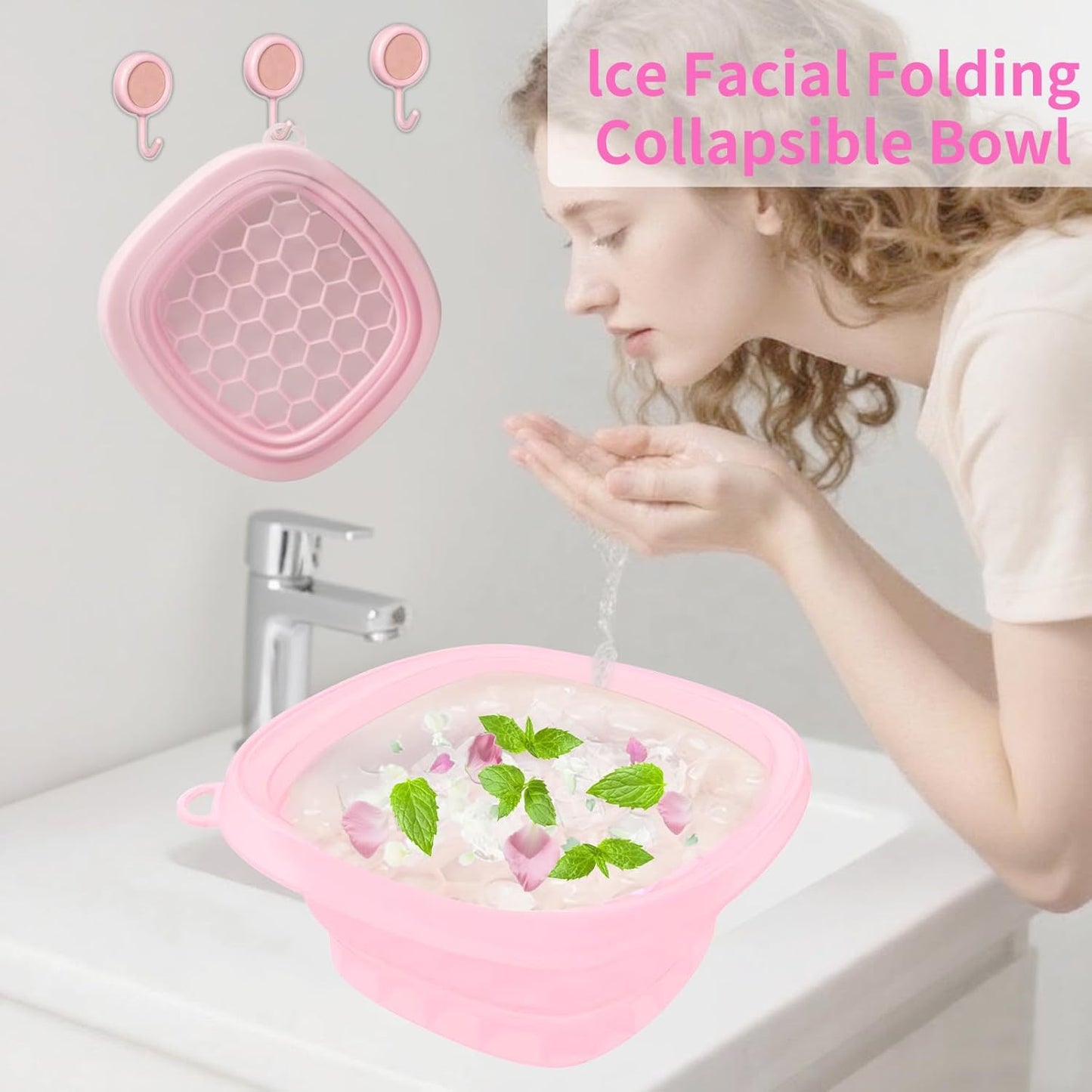 Face Bowl for Ice with Built-in IceTray,Collapsible Silicone Face Ice Bowl – Cold Plunge Therapy for Skin Tightening & Facial Treatment– Portable Spa Tool for Home & Travel（Pink) ﻿