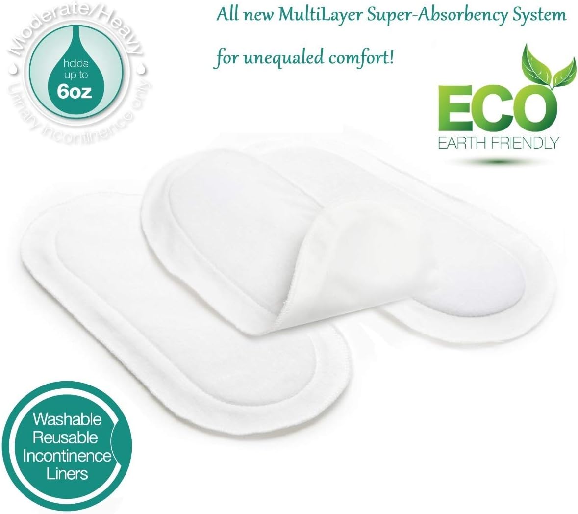 Comfort Finds Reusable Incontinence Liners - Unisex - Size 11" x 5" (Pack of 6, White)