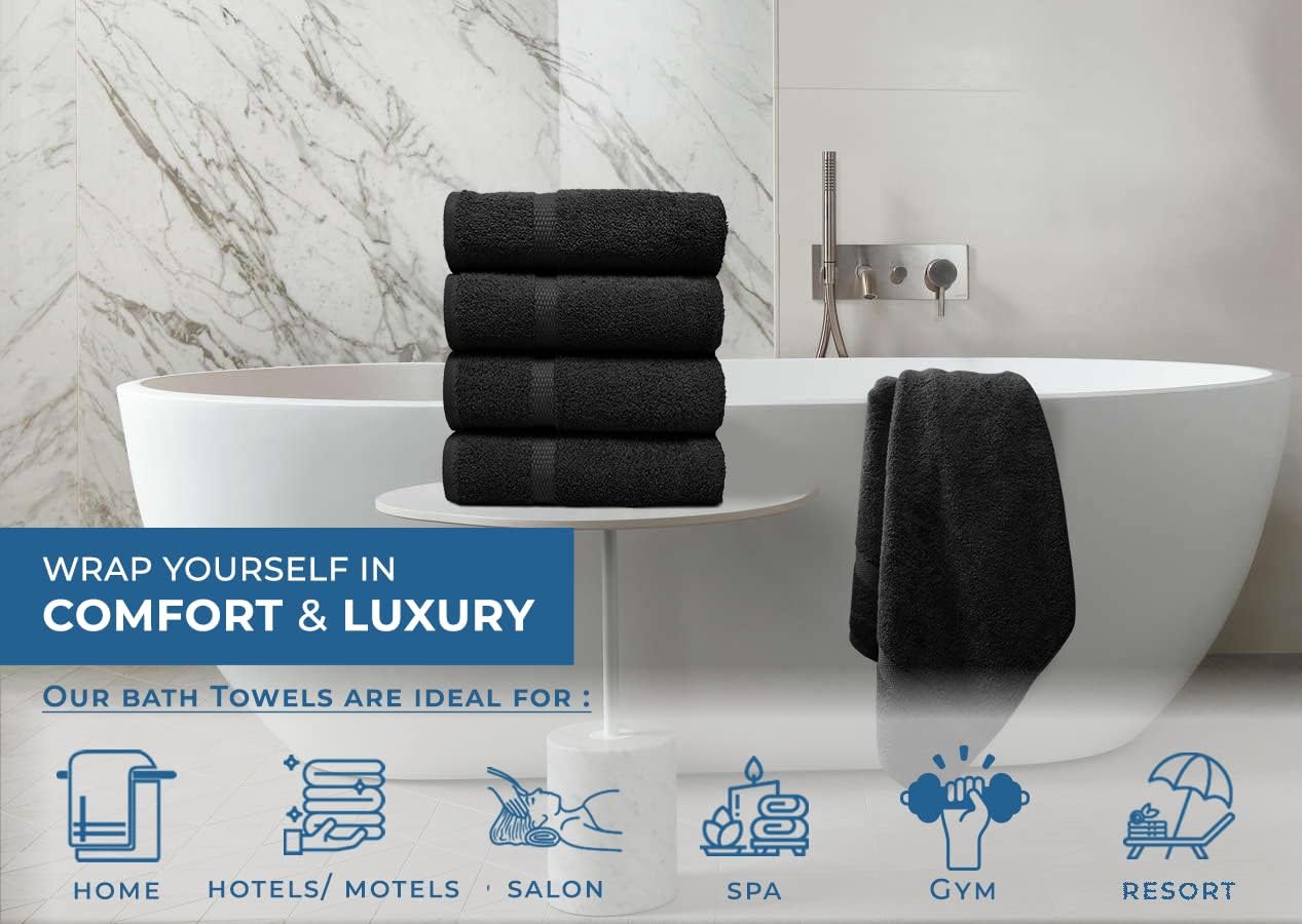 DAN RIVER Bath Towels Set of 4, 27 x 54 Inches, 100% Cotton, Larger & Lighter Weight, Quicker to Dry, Super Soft and Absorbent, Ideal Black Bath Towels for Daily Use