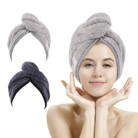 2 Pack Hair Drying Towels, Anti-frizz Hair Towel Wrap, Absorbent Microfiber Hair Towel Turban with Button Design for Straight Curly Hair (Dark Gray&Light Gray)