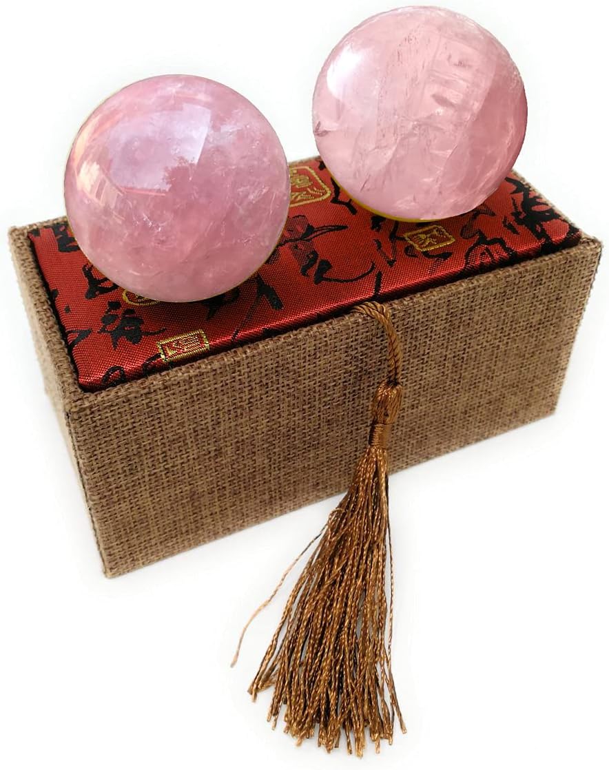 2" Rose Quartz Baoding Balls, Pink Crystal Health Stress Exercise Balls for Hand Therapy, Stress Relief and Exercise, Natural Quartz Sphere Gemstone Handballs with Carry Pouch (Box-Packed) M9
