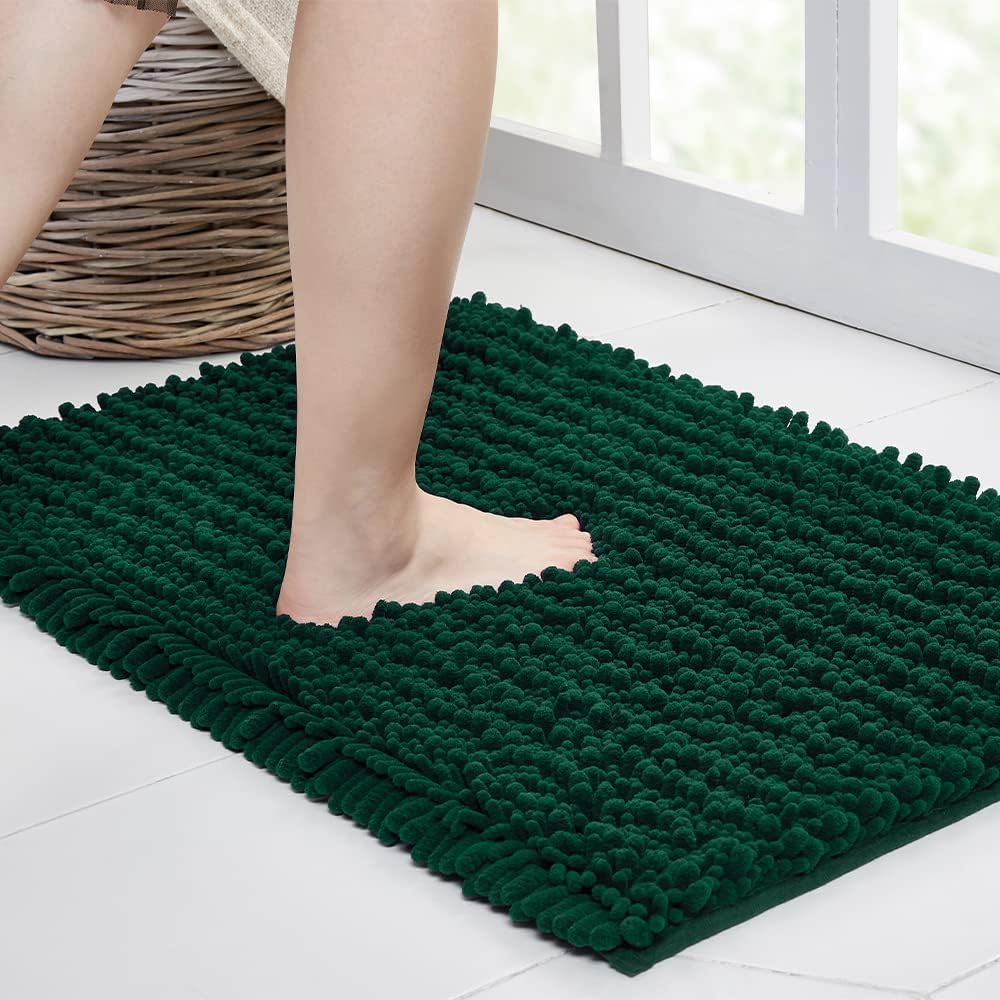 Walensee Bathroom Rug Non Slip Bath Mat (24x17 Inch Hunter Green) Water Absorbent Super Soft Shaggy Chenille Machine Washable Dry Extra Thick Perfect Absorbant Best Small Plush Carpet For Shower Floor