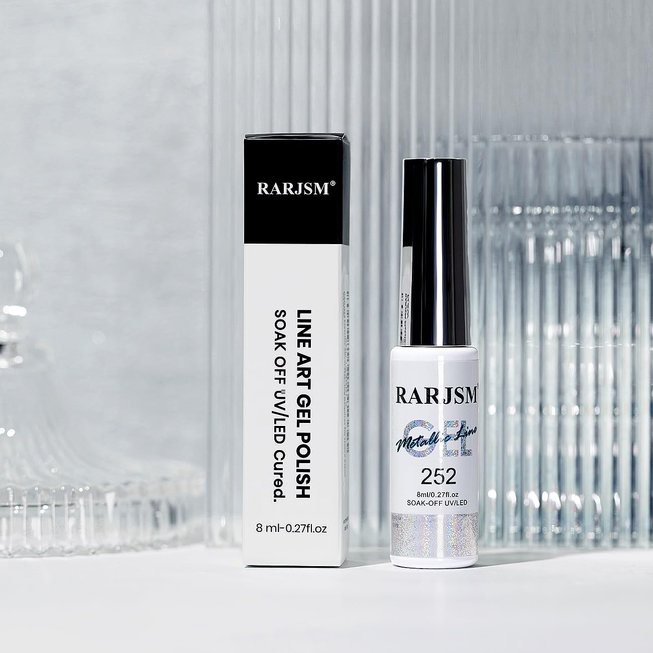 RARJSM Metallic Silver Nail Art Gel Liner Mirror Chrome 3D Holographic Laser Rainbow Effect Gel Nail Polish 8ml Build in Thin Brush Painted Drawing Striper Painting Curing Requires for Home Salon