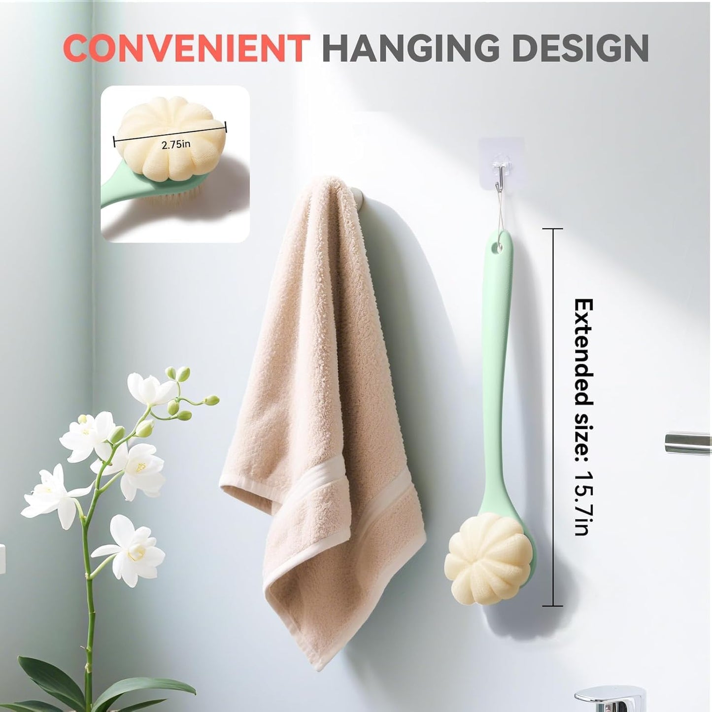 Back Scrubber for Shower, 15.7" Loofah with Handle, Back Shower Brush with Bristles and Loofah, Dry Brushing Body Brush for Cleanse Back and Hard to Reach Areas with Curved Long Handle