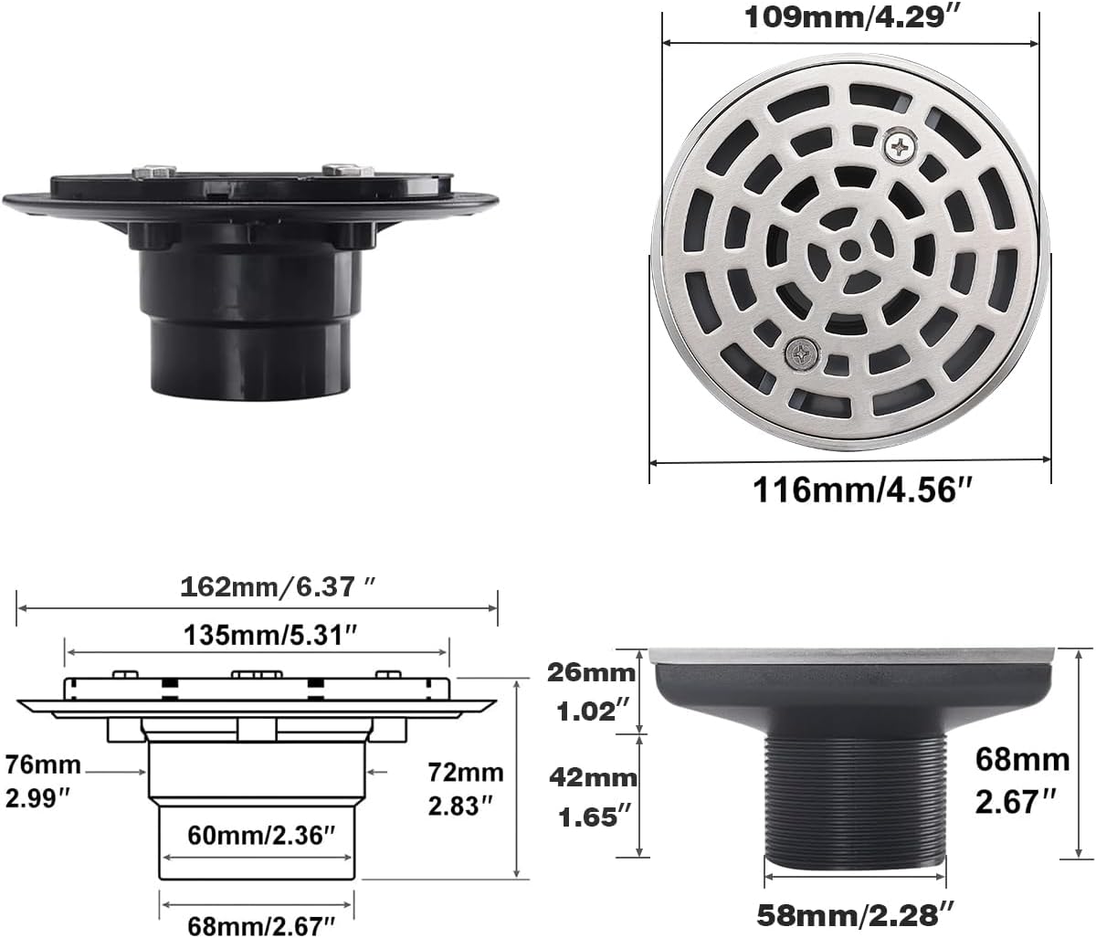 RANDOM Round Shower Drain Brushed Nickel 4 Inch Shower Drain with Adjustable PVC Base Flange,SUS304 Stainless Steel Bathroom Shower Floor Drain with Removable Grid Cover Grate.98768BN-S
