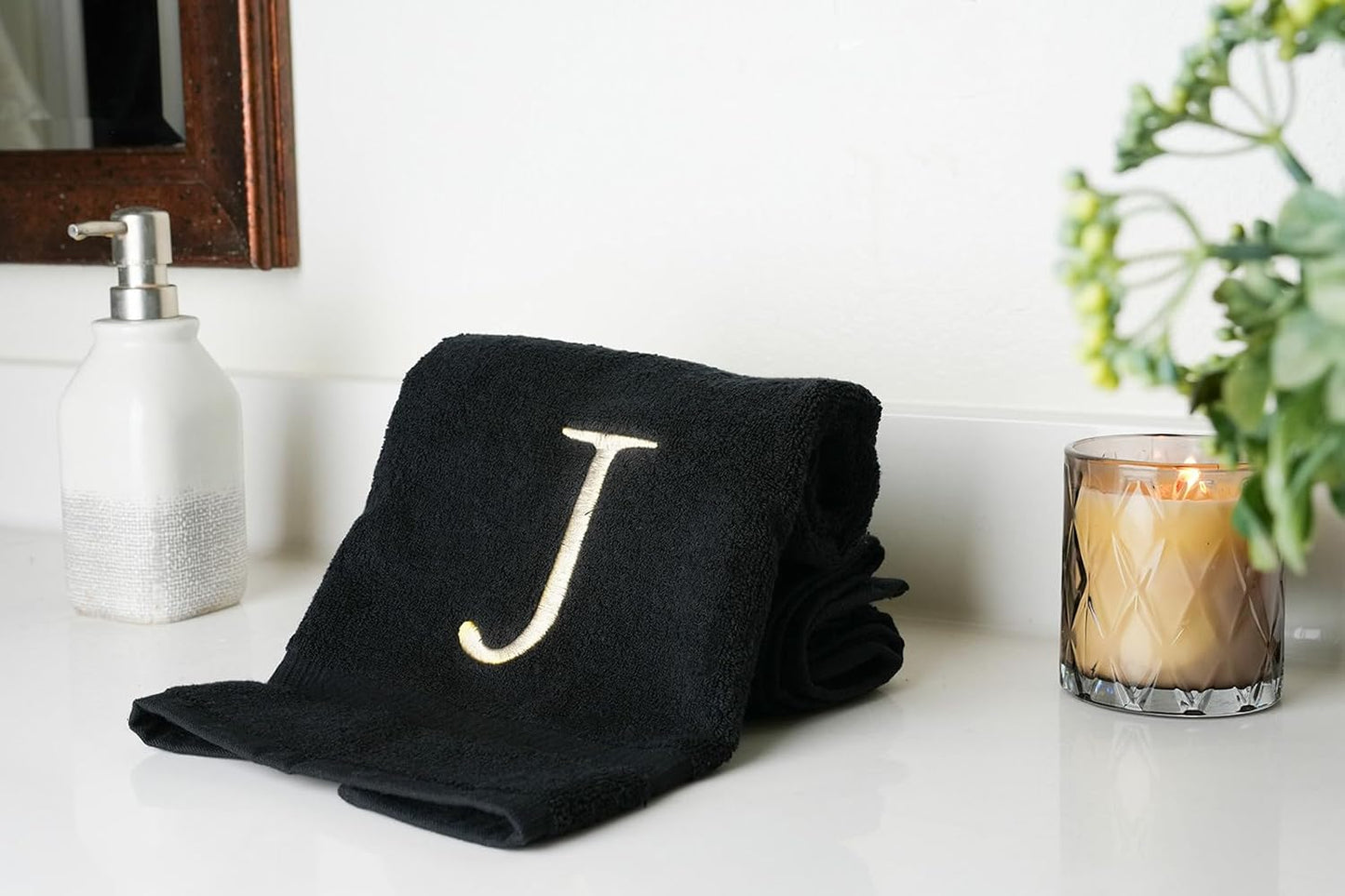 Black Letter Hand Towel for Bathroom - Monogrammed Initial Hotel Quality Decorative Embroidered Towel for Powder Room, Spa - GOTS Organic Certified - Set of 2 Letter J