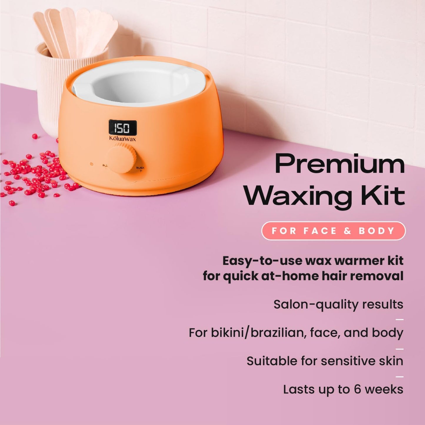 KoluaWax Premium Waxing Kit for Women - Hot Melt Hard Wax Warmer for Hair Removal, Eyebrow, Bikini, Legs, Face, Brazilian Wax - Machine, 4-Pack Beads, Accessories, Peach Fuzz