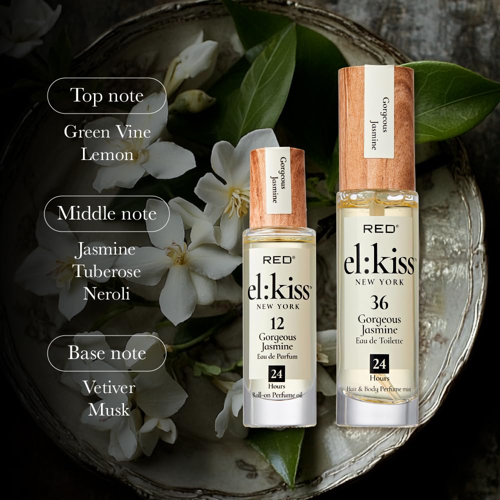 EL:KISS Hair Perfume & Body Mist, Gorgeous Jasmine Inspired by Guc. Flora Eau de Toilette 30mL (1.01 Fl Oz), Hydrating & Long-Lasting, Alcohol & Mineral Oil-Free, With Jojoba, Argan Oil & Aloe Vera