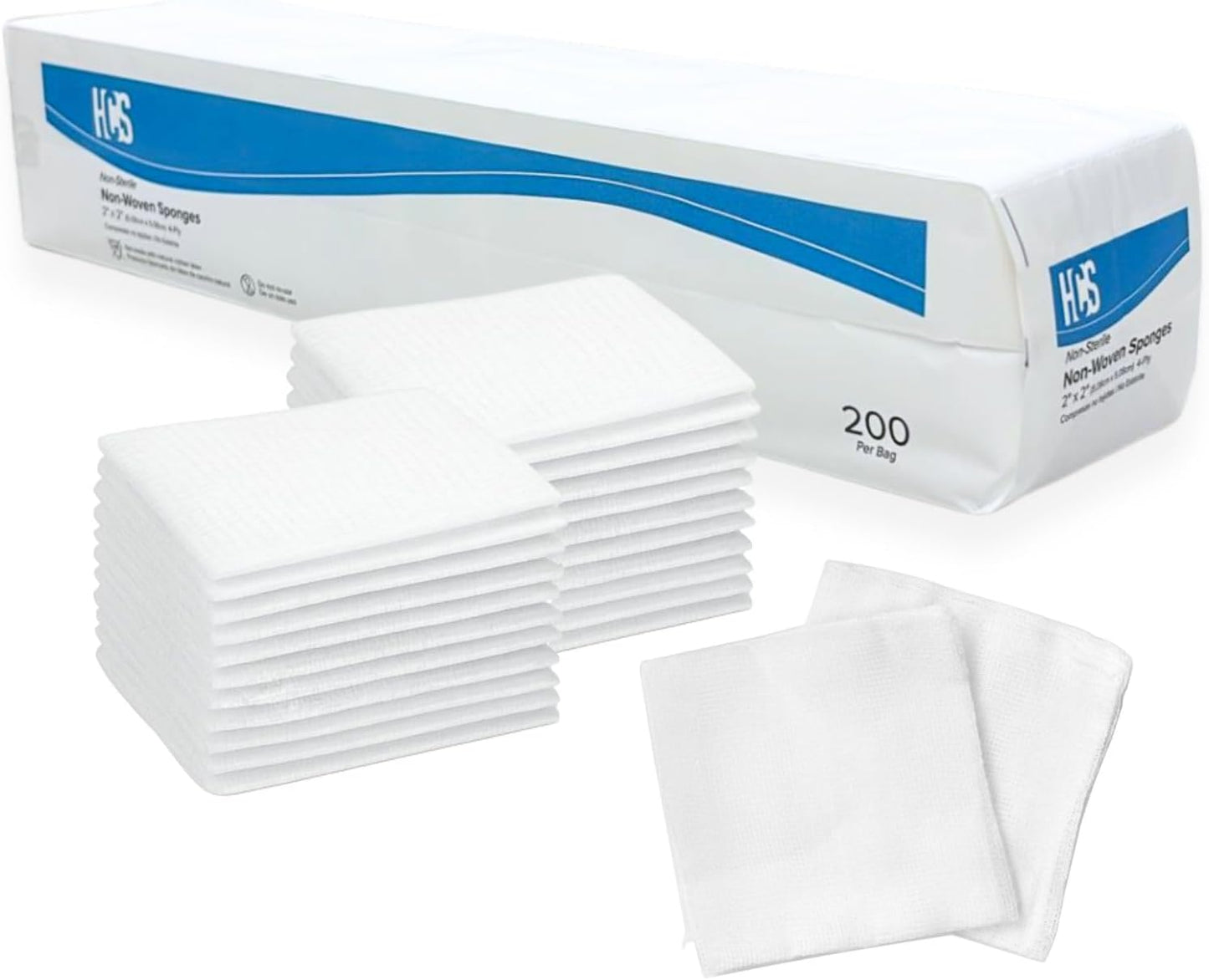 HCS Non-Woven Gauze Sponges 2x2 - Non-Sterile, 4-Ply (200-Count) - Highly Absorbent, Low-Linting Squares - 2x2 Gauze Pads - Medical Supplies, Wound Care, First Aid, Surgical Use, Dental