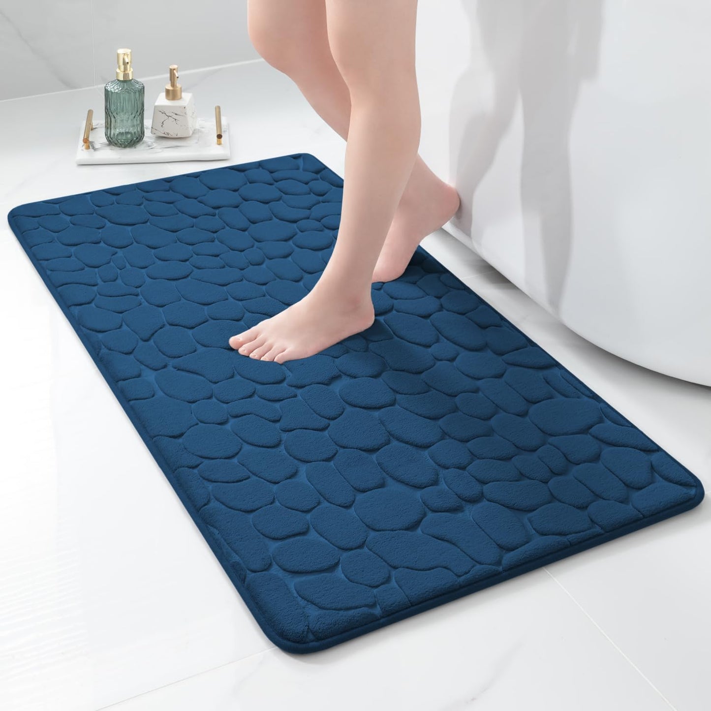 YIHOUSE Memory Foam Runner Rug, Cobblestone Bathroom Runner Rugs Super Water Absorbent Bath Mats for Bathroom Machine Washable Bath Rugs Runner for Hallway Bedroom Laundry Room(26 x 50,Dark Blue)