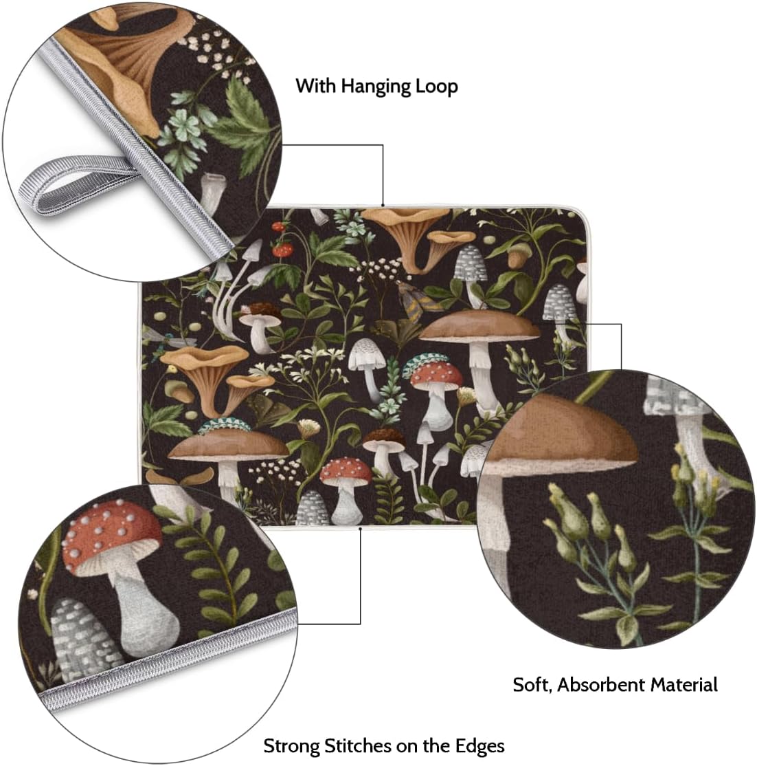 Hexteria Mushroom Dish Drying Mat For Kitchen Counter 18 X 24 Inch, Microfiber Absorbent Dish Drainer Mat for Countertops Protector Pad