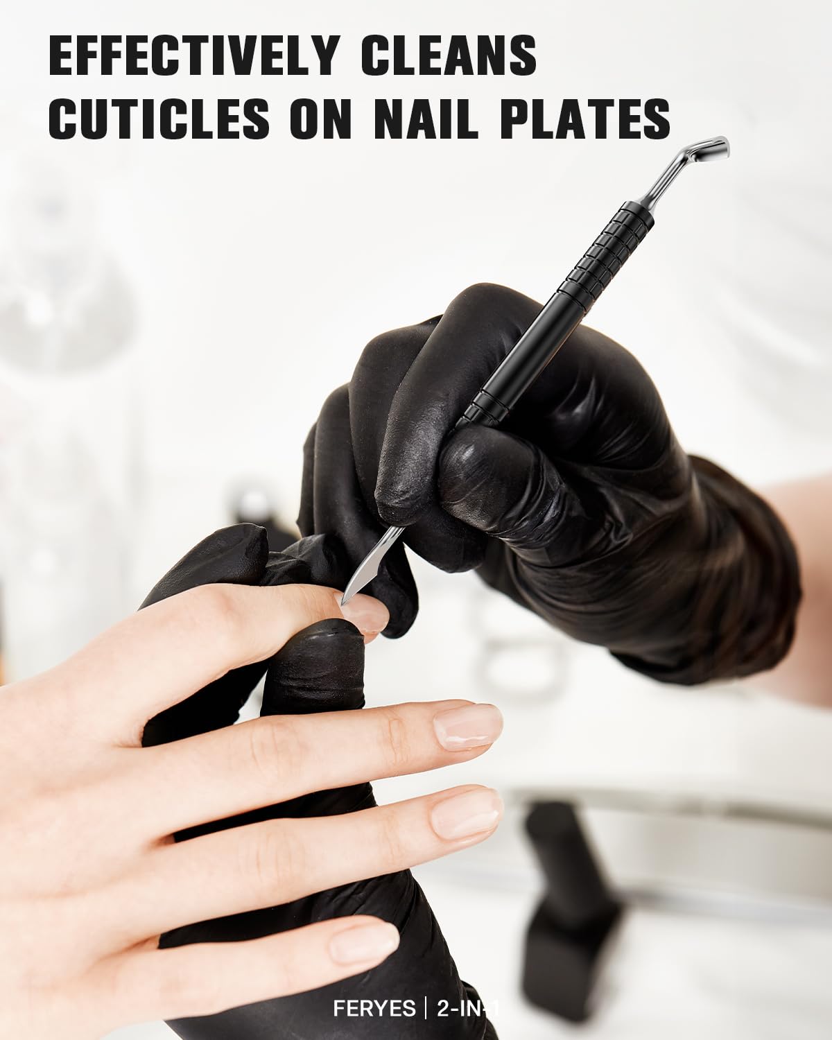 FERYES Upgraded Dual-Head Cuticle Pusher Tool - Horseshoe Shape & Chisel Edge Stainless Steel Remover Tool with Anti-Slip Wide Handle for Salon & Home Nail Care-Black