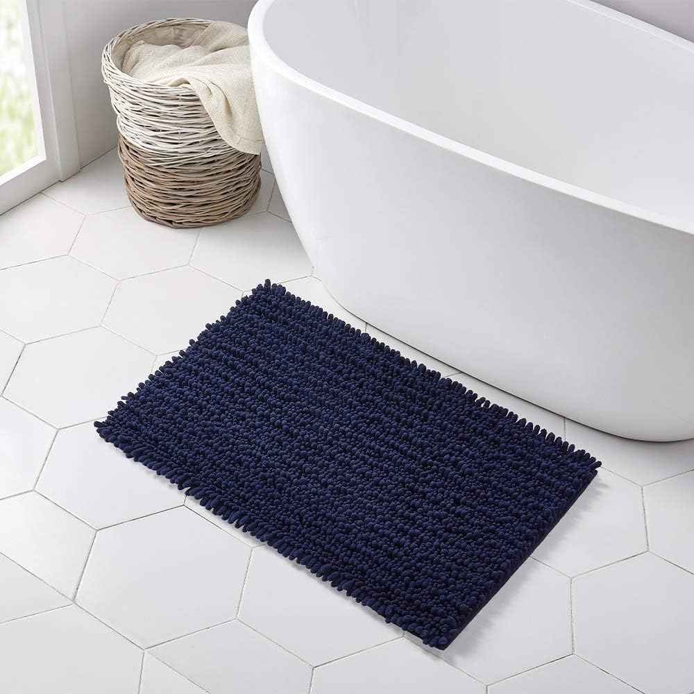 Walensee Bathroom Rug Non Slip Bath Mat (32x20 Inch Navy) Water Absorbent Super Soft Shaggy Chenille Machine Washable Dry Extra Thick Perfect Absorbant Best Large Plush Carpet for Shower Floor