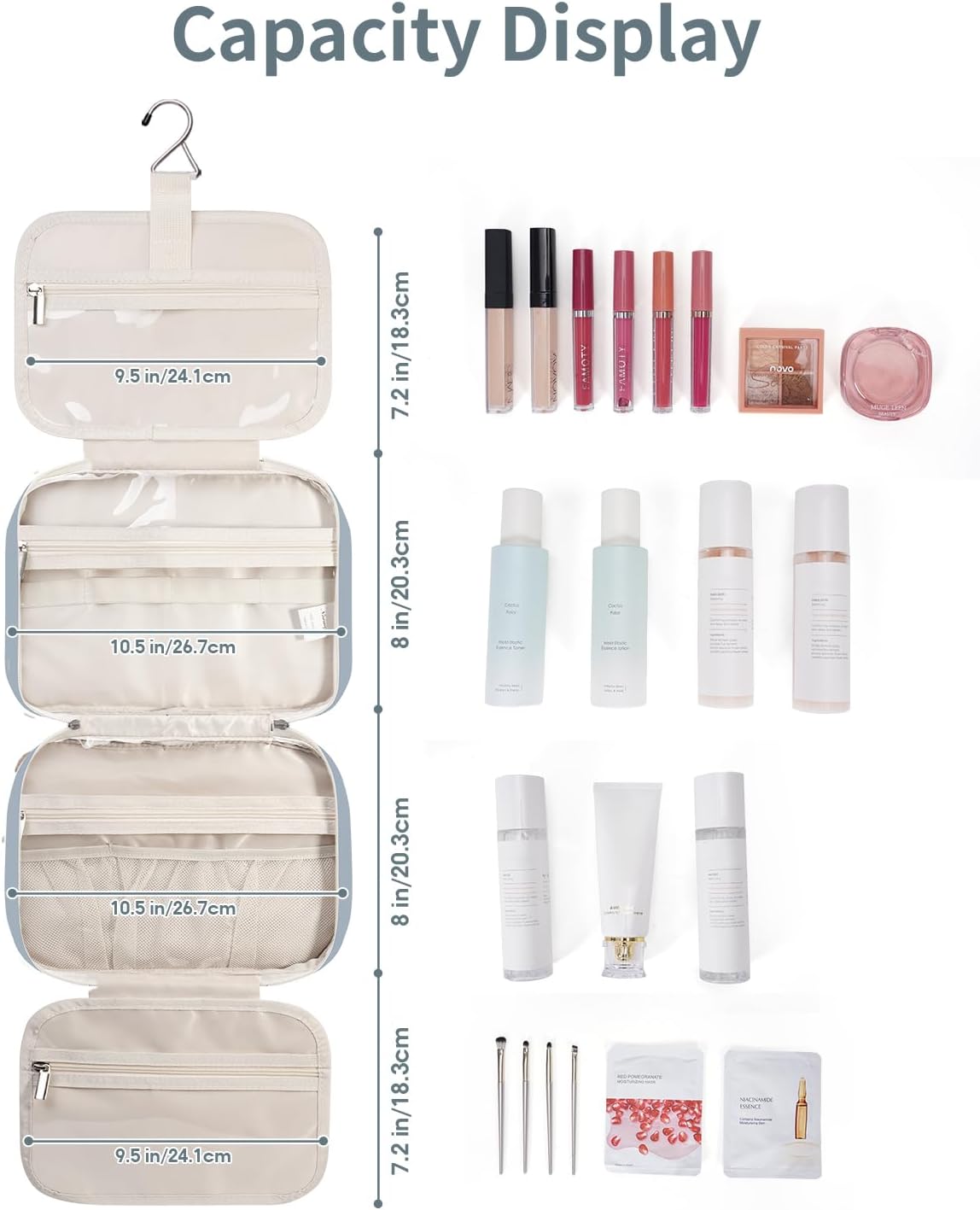 Narwey Hanging Toiletry Bag for Women Travel Makeup Bag Organizer Toiletries Bag for Travel Size Essentials Accessories Cosmetics (Greyish Blue (Medium))