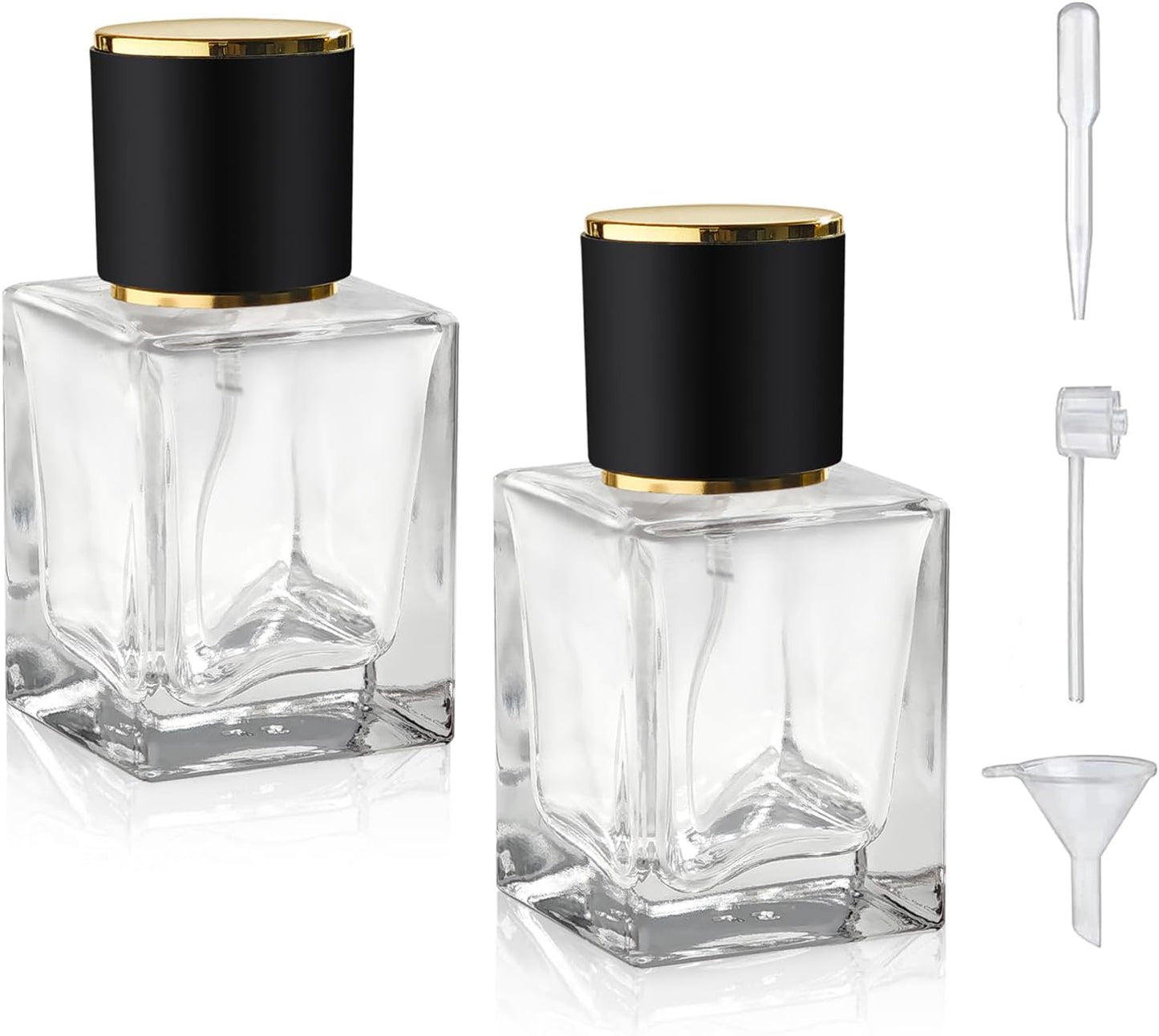 2 Pack 30ml/1 Oz Glass Spray Bottle Perfume Atomizer,Empty Travel Refillable Perfume Spray Bottle with 3 Kinds of Dispenser (Black Cap, 30ml)