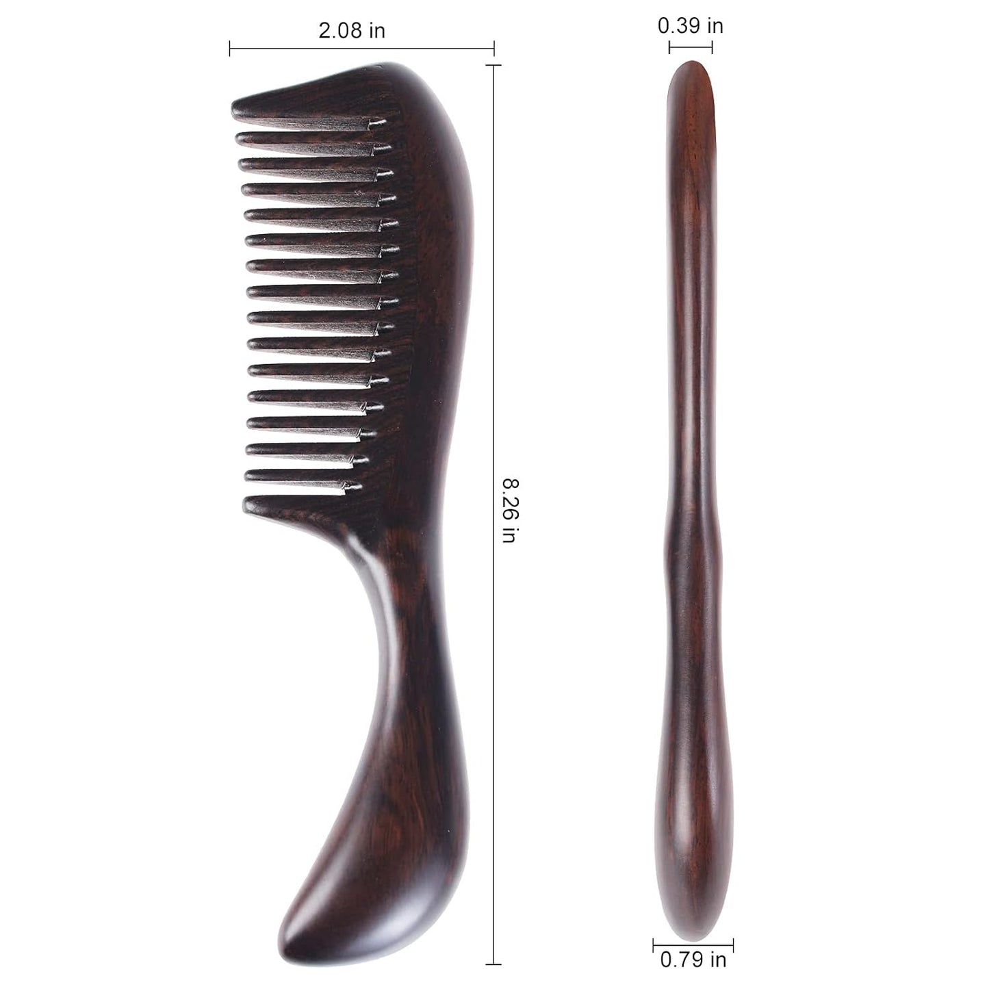 Onedor Handmade 100% Natural Black Sandalwood Hair Combs - Anti-Static Sandalwood Scent Natural Hair Detangler Wooden Comb (Round Handle Wide Tooth)