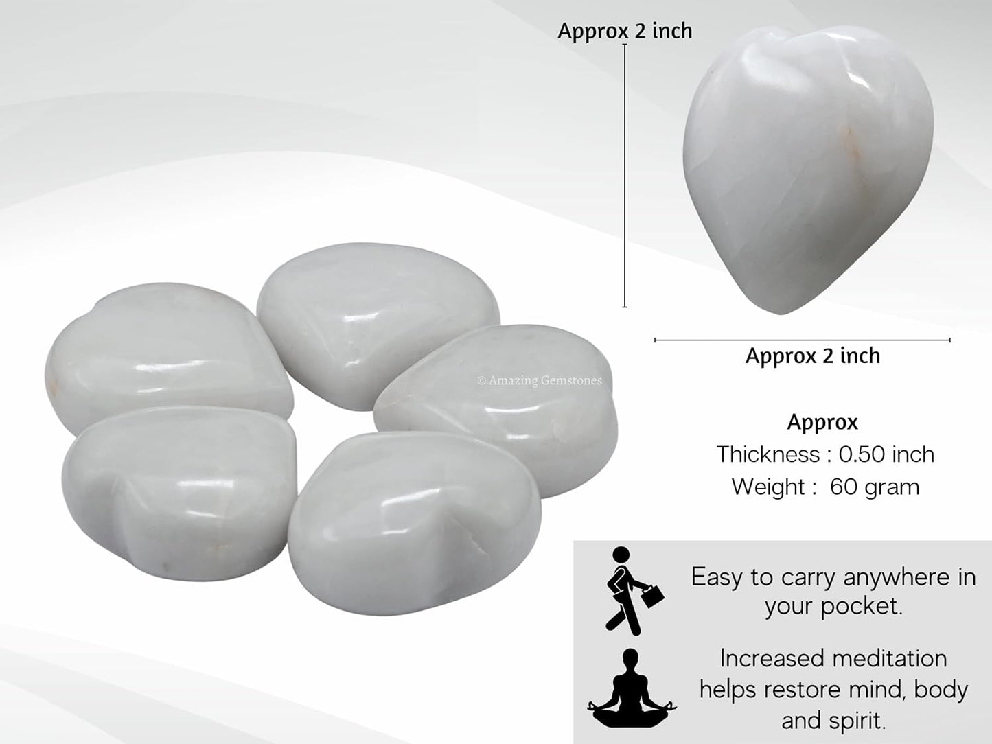 Amazing Gemstone Snow Quartz White Agate Crystal Heart Palm Stone - Pocket Massage Worry Stone for Natural Body Chakra Balancing, Reiki Healing and Crystal Grid