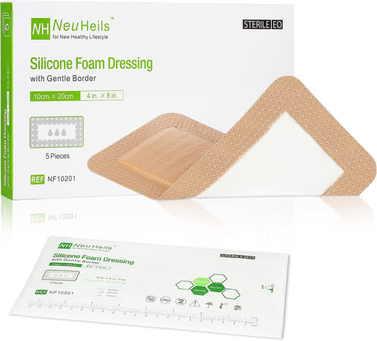 Silicone Foam Dressing with Gentle Border for Post-op Surgical Wounds 4''x8'', Absorbent Pad 2''x6'', Pack of 5, Silicone Wound Bandages for Cuts, Abrasions, Bed Sore, Pressure Ulcer