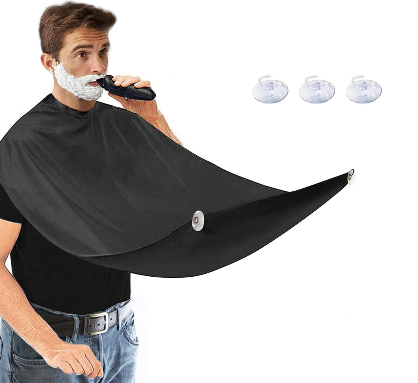Beard Bib Apron, Trimming Catcher Bib for Shaving & Hair Clippings, Father's Day Gift Men's Waterproof Non-Stick Beard Cape Grooming Cloth, with 2 Suction Cups - Black