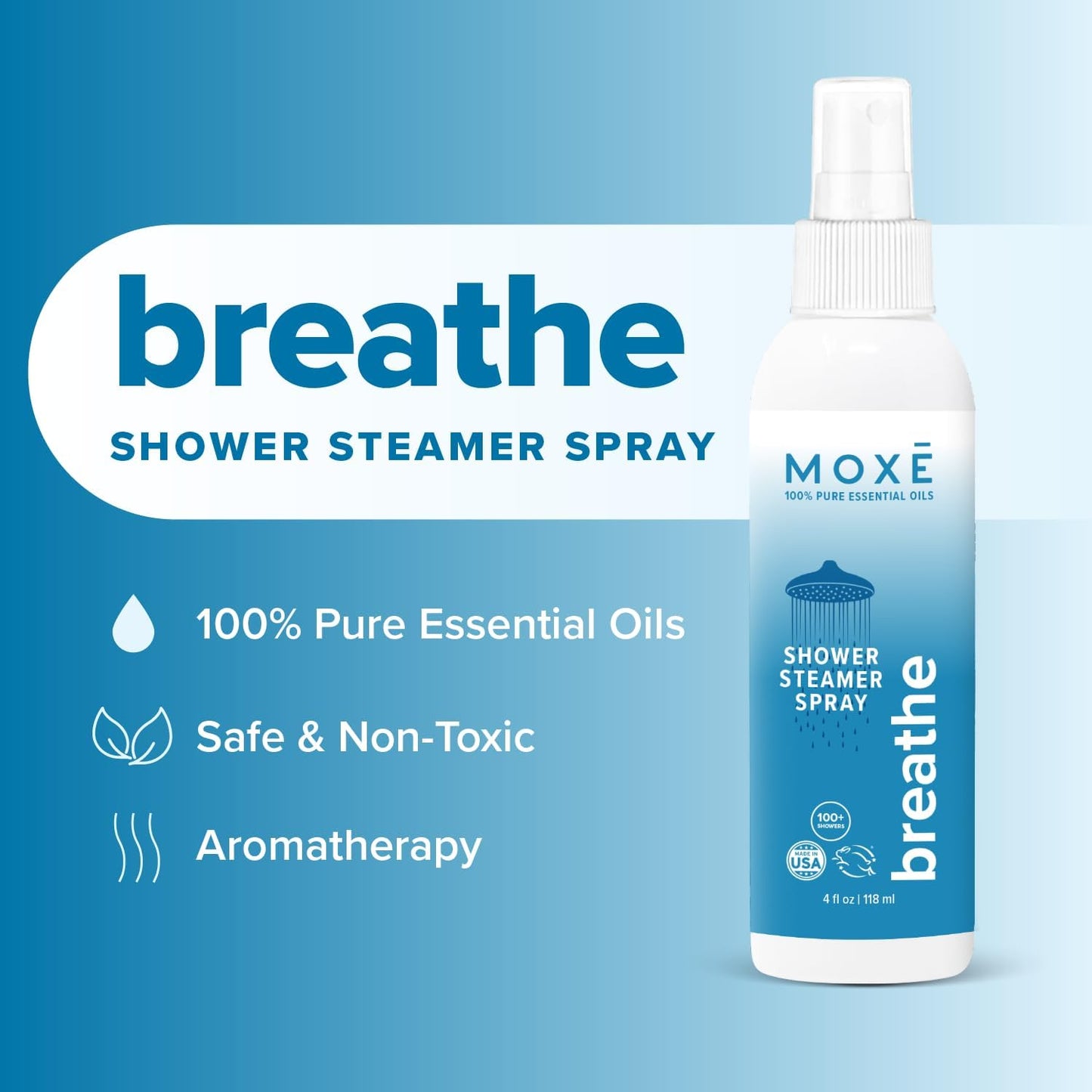 MOXE Breathe Shower Mist, Eucalyptus and Peppermint, Spa Steam Spray, Certified Natural 100% Essential Oils, Made in USA, Aromatherapy, Sinus Congestion Relief, Tension Relief, 4 Ounces (1 Pack)