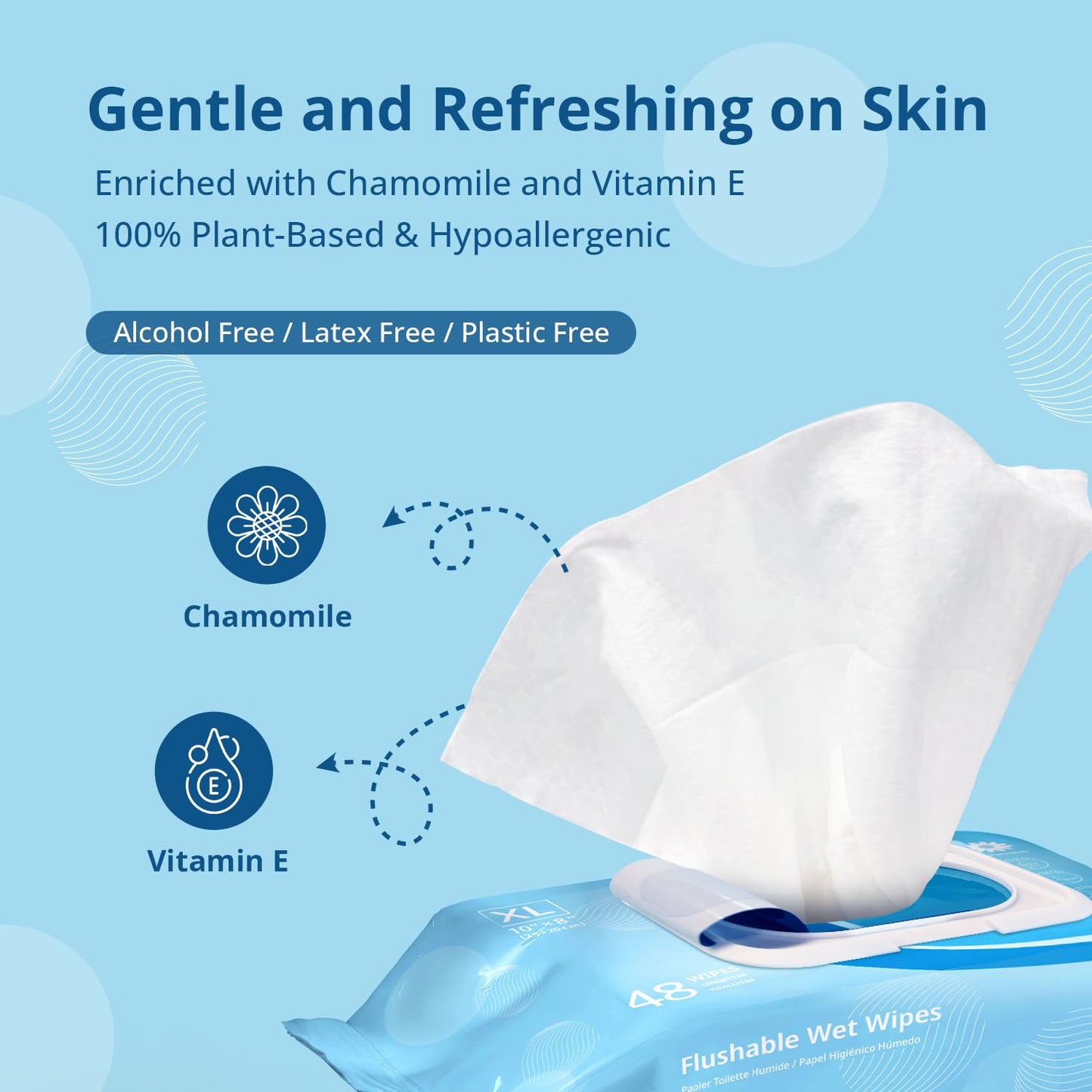 WhyWorry Flushable Wipes for Adults, Extra Large 8"x10" Butt Wipes for Personal Hygiene & Cleansing, Chamomile and Vitamin E, 100% Plant-Based, Septic & Sewer Safe, Sea Incense, 384 Count (8 Packs)