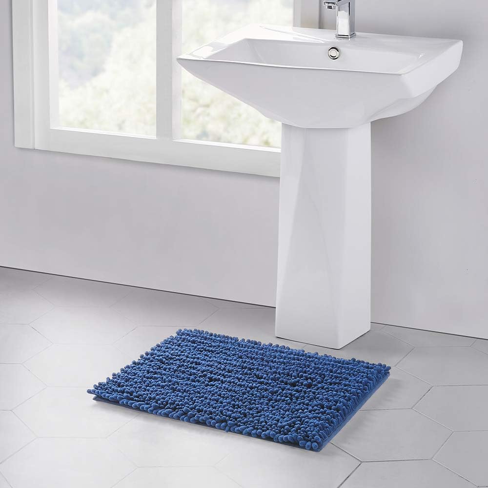 Walensee Bathroom Rug Non Slip Bath Mat (24x17 Inch Dark Blue) Water Absorbent Super Soft Shaggy Chenille Machine Washable Dry Extra Thick Perfect Absorbant Best Small Plush Carpet for Shower Floor