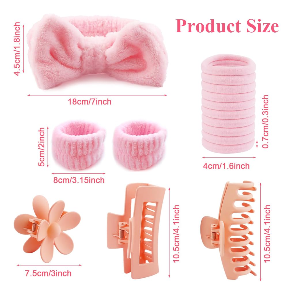 16pcs Skincare Headband Set, Headband Set for Face Washing Spa and Makeup, Including 1 Hairband, Wristband, 3 Hair Claw Clips and 10 Hair Ties, with Box, Gift for Women and Girls, Pink