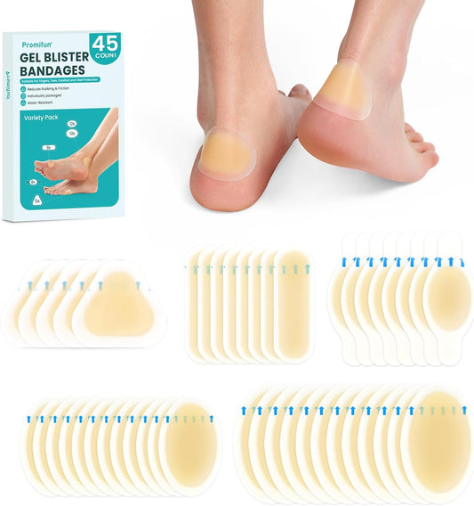 Hydrocolloid Gel Blister Bandages Pads - Promifun Waterproof Adhesive Blisters Bandages - Blister Pads for Heel, Foot, Toe, Feet - Gel Blister Chshions for Prevention & Recovery (45ct, Variety Pack)