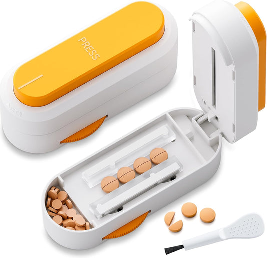 Pill Cutter Splitter for Small & Tiny Pills, Adjustable, Sharp Blade with Safety Guard (Orange)