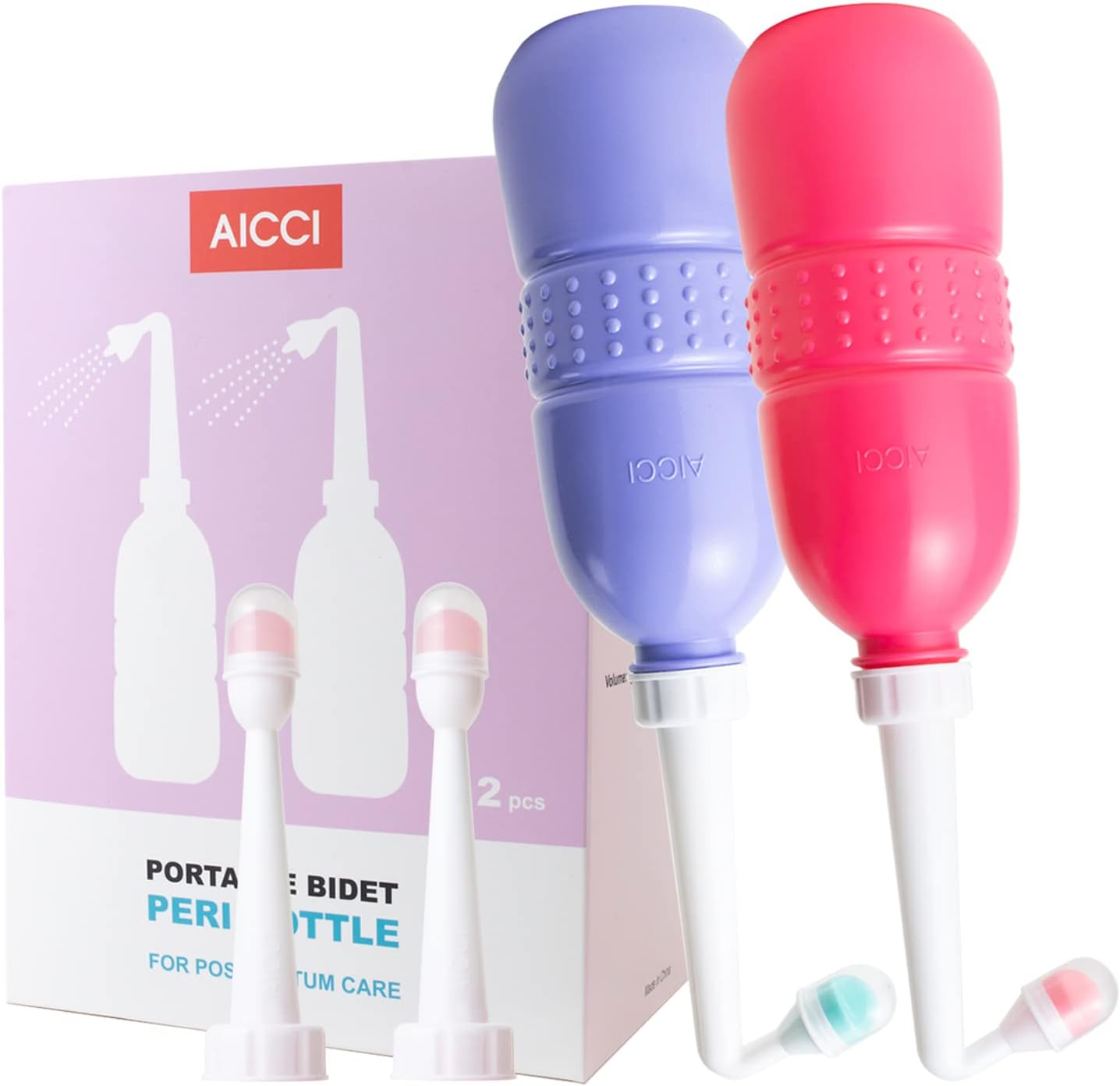 2 Pack Peri Bottle for Postpartum Care, Portable Travel Bidet for Women, 17oz Large Capacity Perineal Bottle for Feminine Hygiene with Travel Bag, Angled Nozzle & Straight Nozzle (Purple + Red)