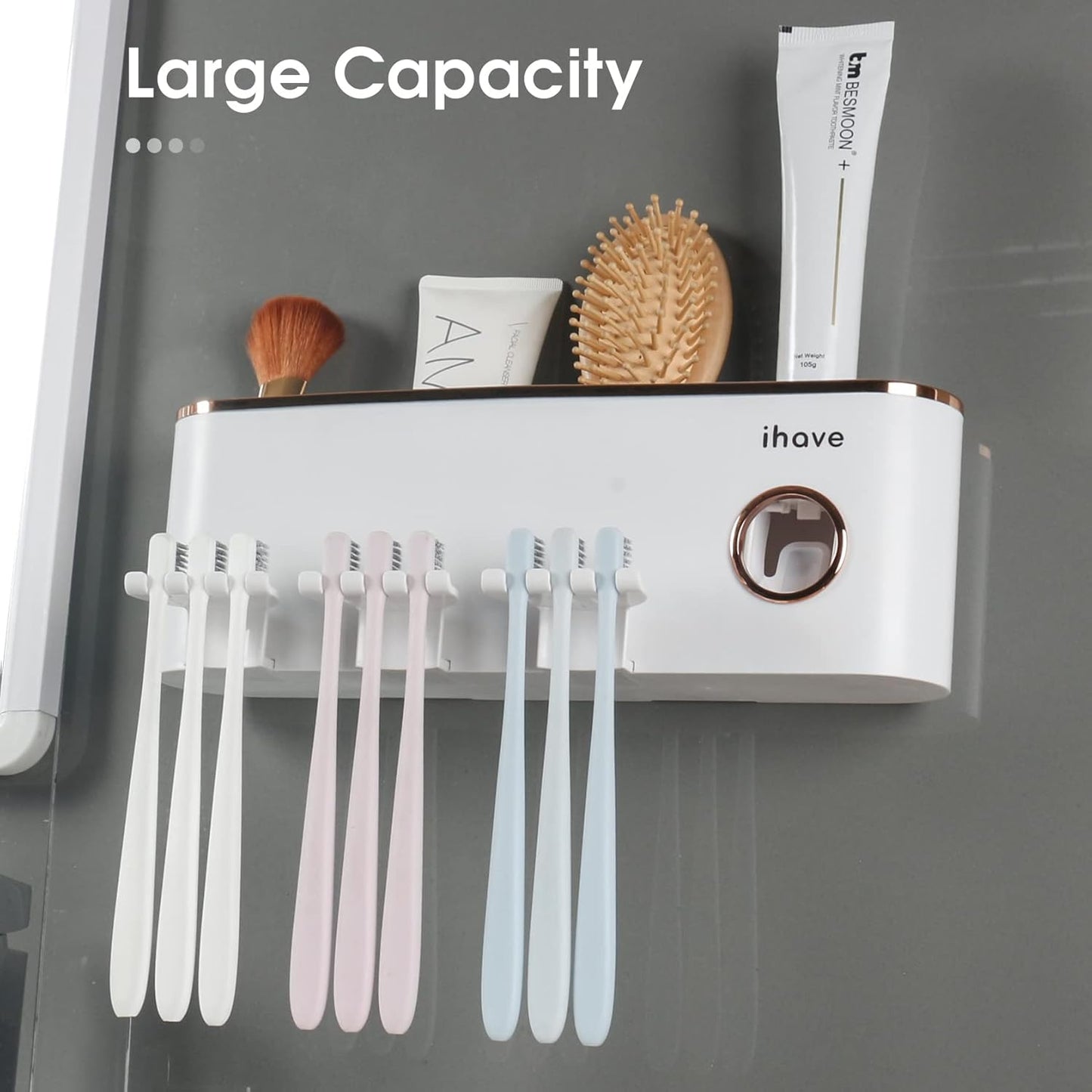 iHave Toothbrush Holders Bathroom Accessories with Toothpaste Dispenser, 3 Cups Toothbrush Holder Wall Mounted Bathroom Decor