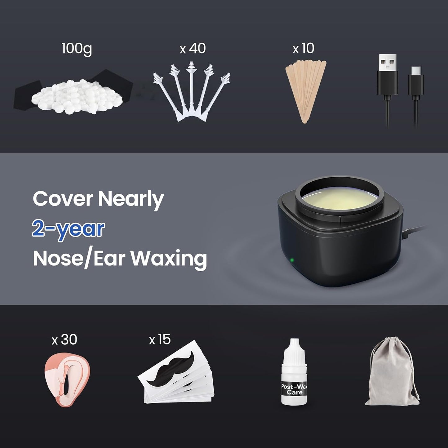 Nose Wax Kit Men, Nose Hair Waxing Kit with 158°F Smart Temp Control, 40 Sticks, 100g Wax, Painless Nose Hair Removal with USB-C Fast Heating, Upgraded Capacity, Multi-Accessories