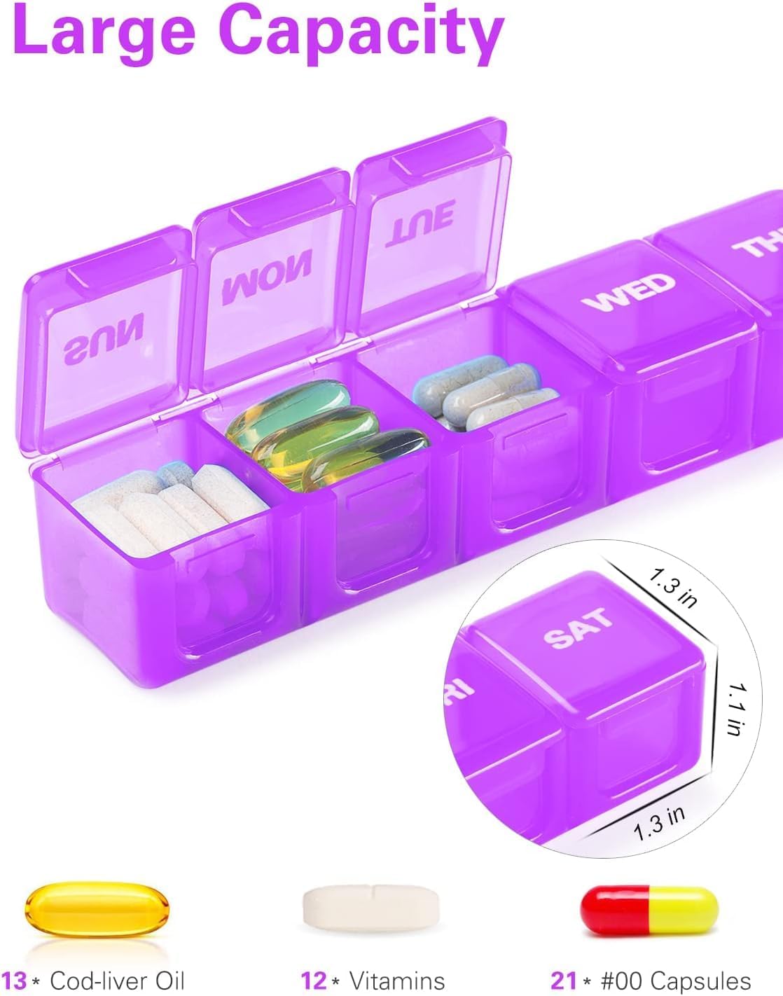 BUG HULL Weekly Pill Organizer Large 2 Packs, Extra Large Travel Pill Organizers, Pill Box 7 Day, Travel Pill Case, Medicine Pill Organizer for Vitamins, Supplements and Medications (White+Pink)