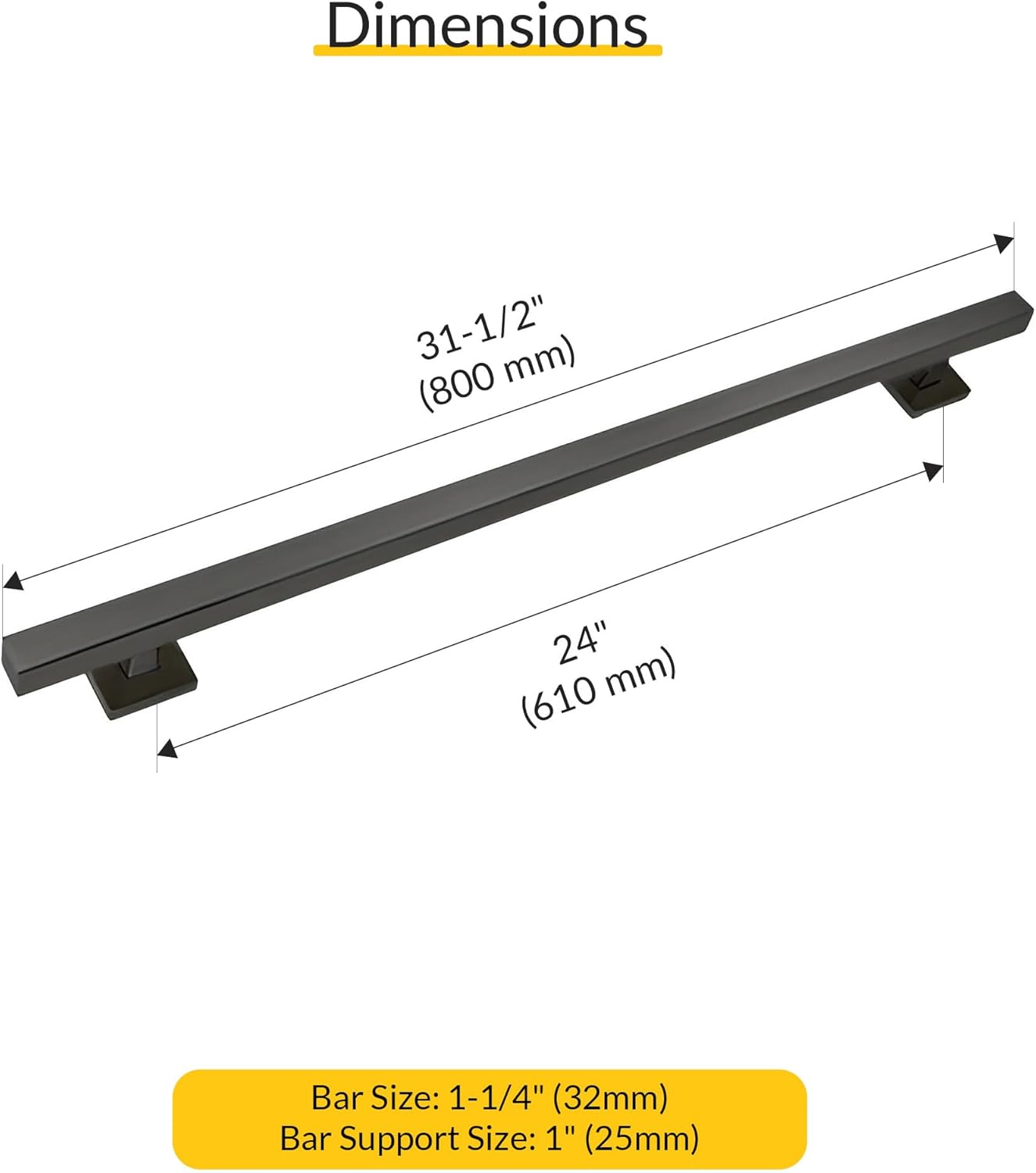 Brixwell Straight Square Grab Bar Stainless Steel Material, Matte Black Finish, 31-1/2" Length, 24" Hole Spacing, Tubular 1-1/4" Diameter, Included Cover Flanges and Mounting Hardware