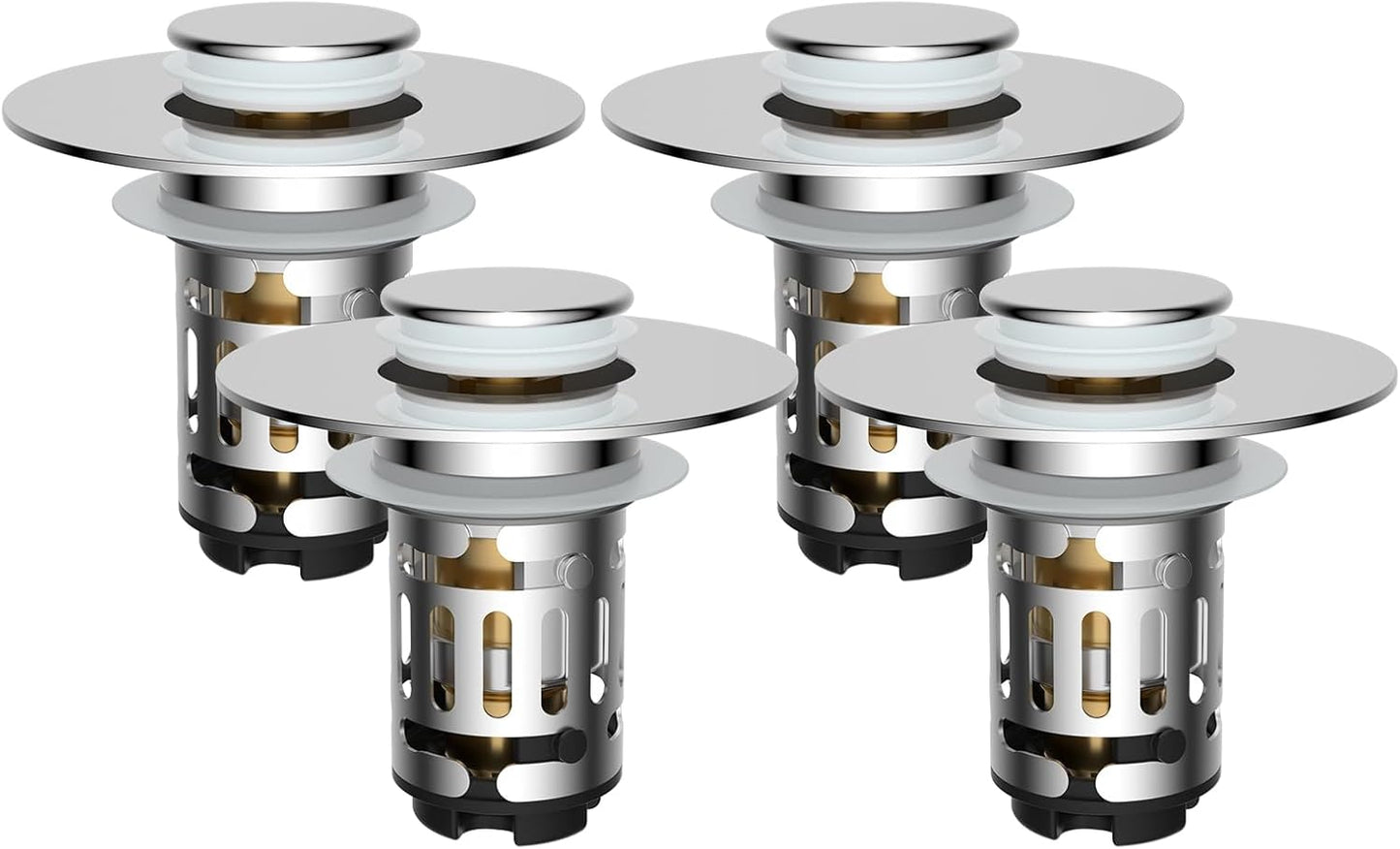 Hibbent 4 Pack Upgraded 3 in 1 Bathroom Sink Drain Strainer, Universal Pop Up Stopper with Removable Stainless Steel Filter Basket Hair Catcher, Sink Plug for 1.1''~2.36'' Basin, Brass Core, Chrome
