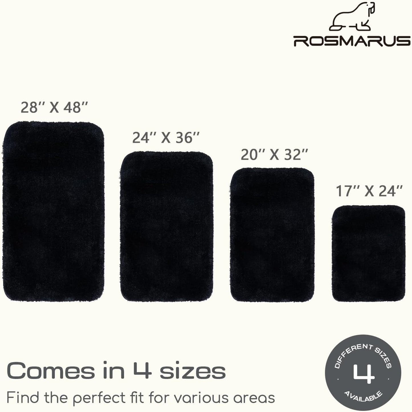 ROSMARUS Shaggy Bath Rug Non Slip 17" X 24", Water Absorbent Mat, Soft Shower Mat for Floor & Tub, Fluffy Plush Bathroom Rug Machine Washable, Black