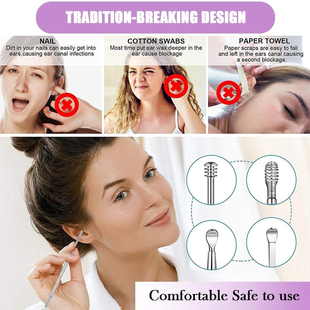 6 Pcs Ear Pick Ear wax Removal Kit Cleansing Tool Set Curette Cleaner 360° Spiral Design Canal Cleaner Stainless Steel,with a Storage Box Portable Kit for Home and Travel(Purple) 11.7*2.8*2cm