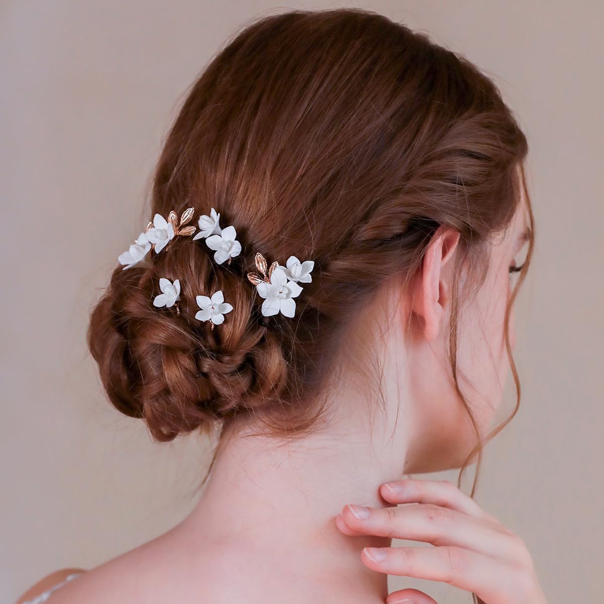Handmade Bridal Wedding Hair Pins 7 Pcs Polymer Clay White Flower Hair Clips Gold Wedding Hair Accessories for Women Bride Bridesmaid
