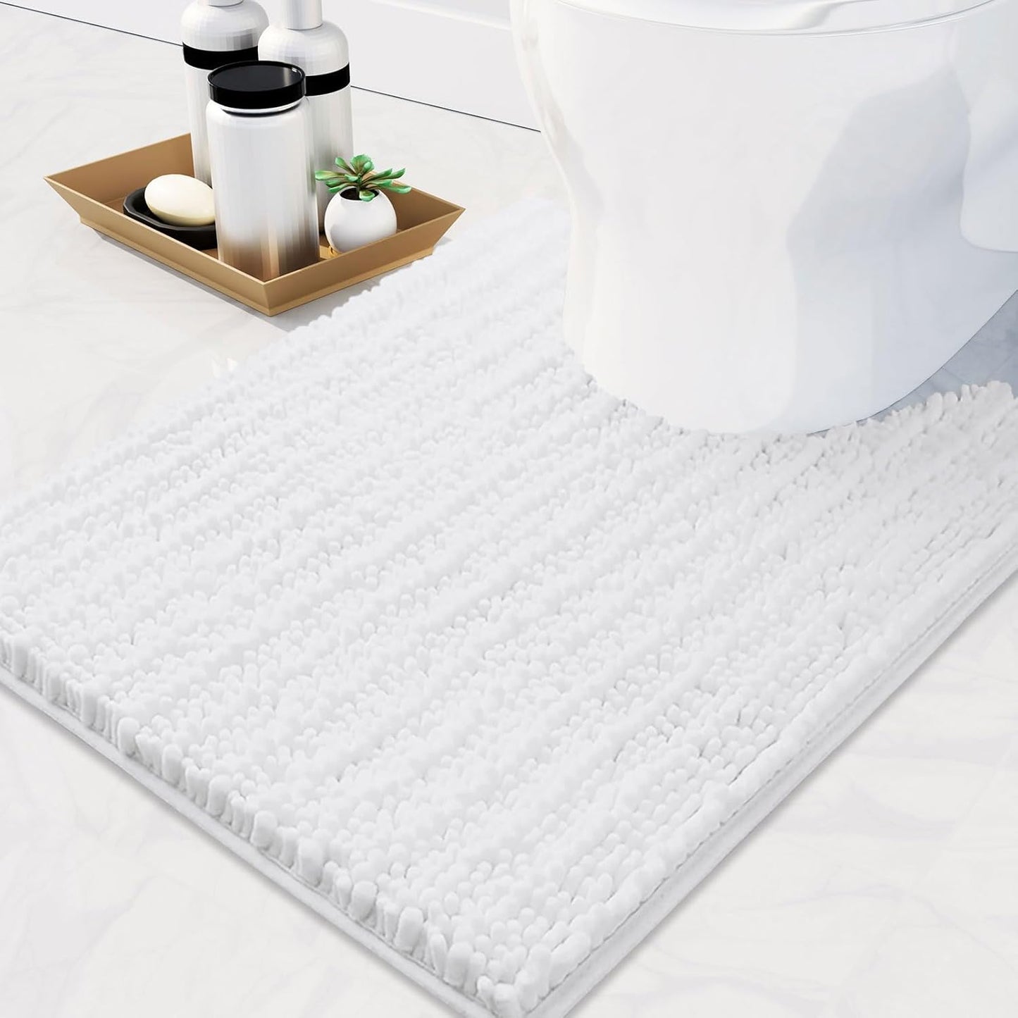 Arotive Luxury Chenille Toilet Rugs U-Shaped, Extra Soft Thick Absorbent Bathroom Mat, Non-Slip Shaggy Plush Contour Rugs, Machine Wash Dry Bath Mat for Toilet Base, 24x20, White