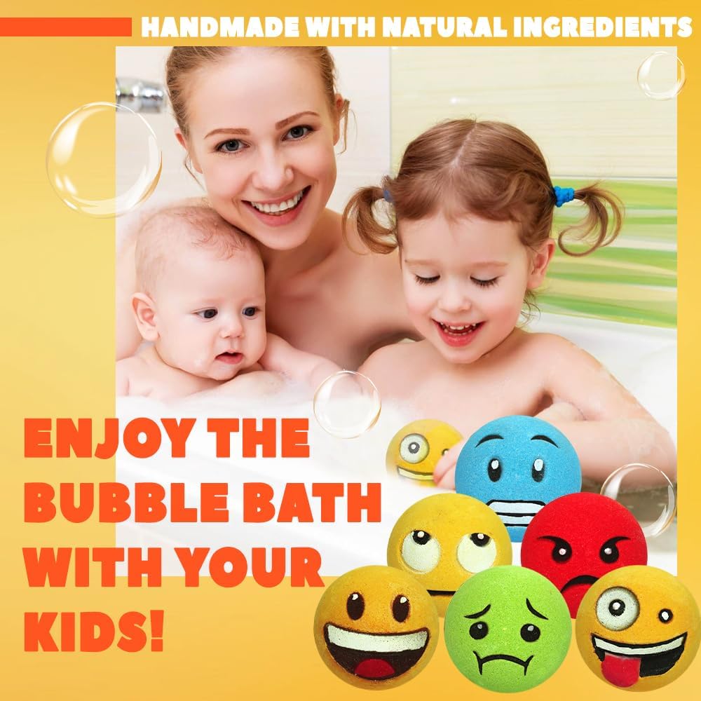 Large Emotion Face Bath Bombs Set of 6 – Fun Emoji-Inspired Spa Fizzies – Handmade with Shea Butter, Cocoa Butter & Essential Oils – Moisturizing Gift Set for Women, Men & Kids