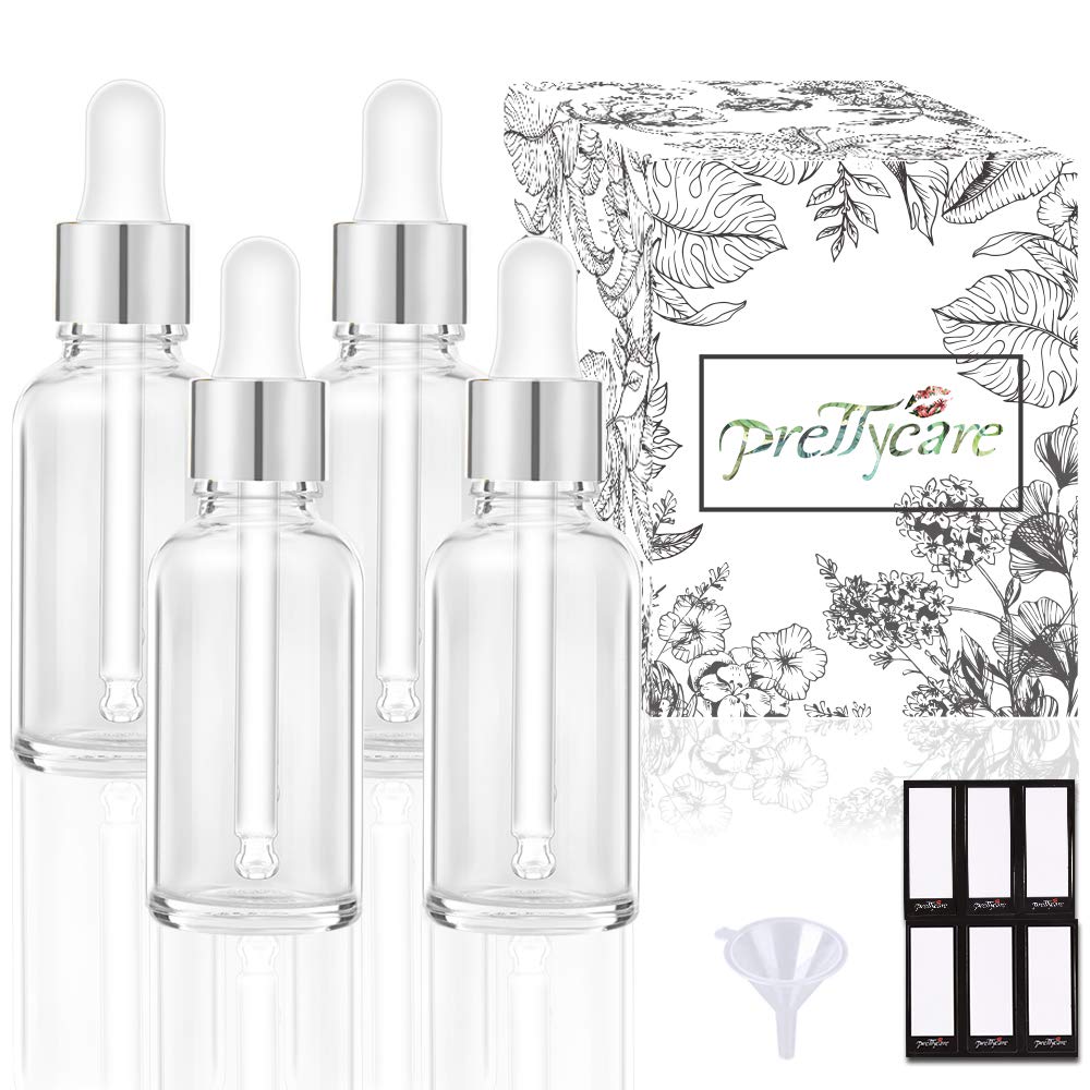 PrettyCare 2 oz Dropper Bottles, 4 Pack Frosted Glass Bottles 60ml with Golden Caps, 12 Labels, Funnel & Measured Pipettes-Empty Tincture for Essential Oils & Skincare