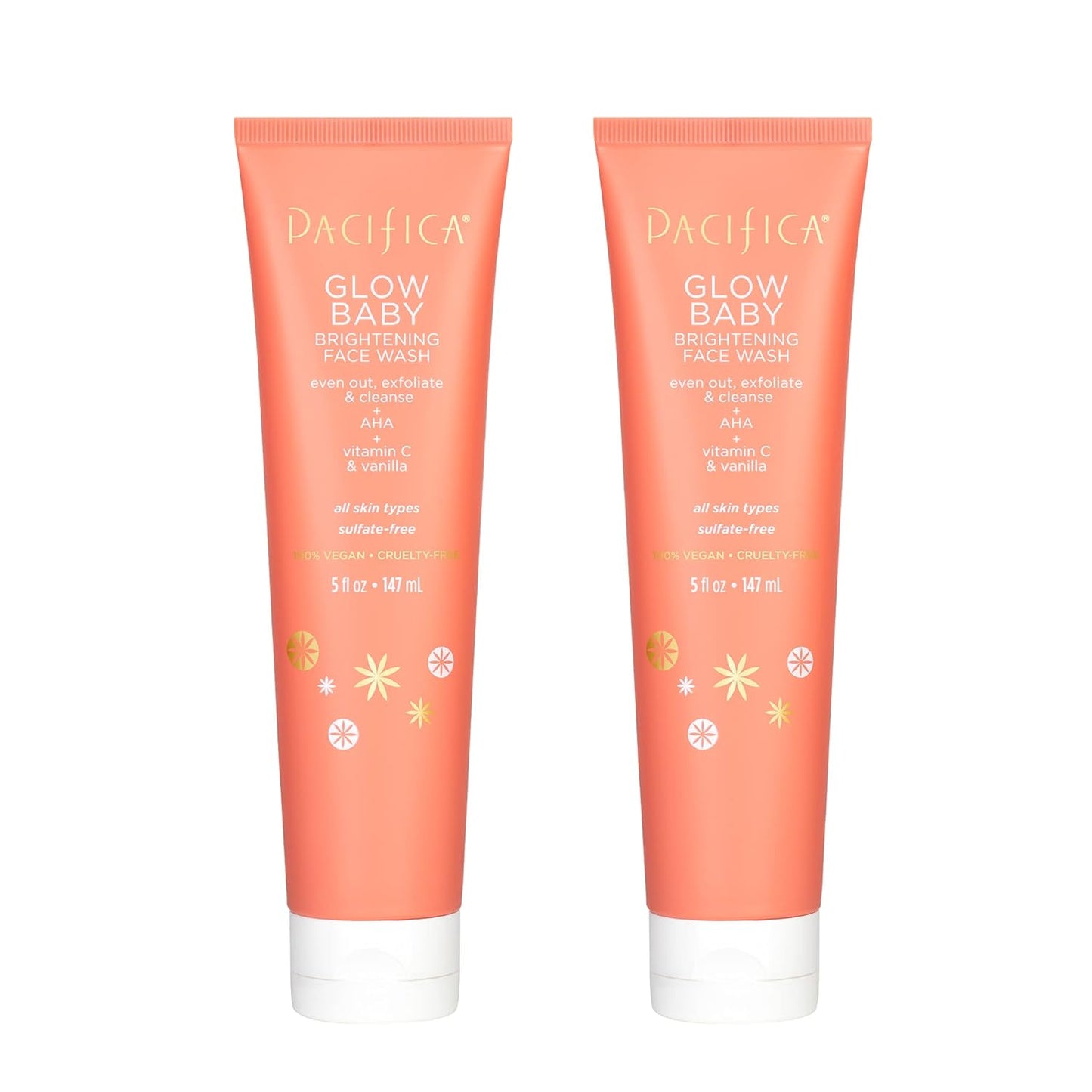 Pacifica Beauty Glow Baby Brightening Face Wash Set, Skincare, Face Cleanser, Exfoliator, AHA, Even Skin Tone, VItamin C, Vanilla, Sulfate and Paraben Free, Vegan, 5 fl oz Each (Set of 2)
