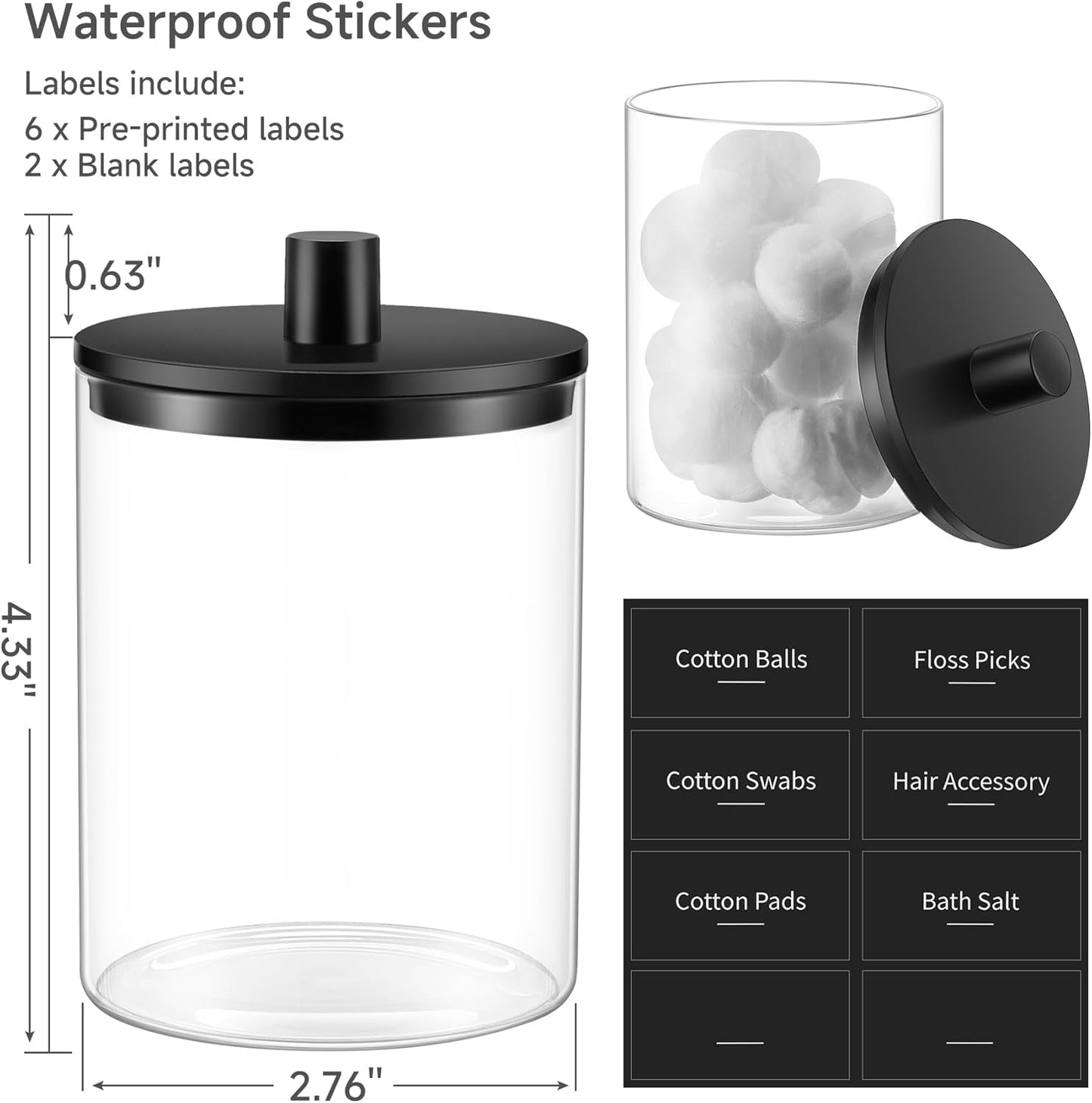TIPGO Glass Qtip Holder Dispenser for Bathroom - 10 oz Clear Canister Apothecary Jar for Cotton Swabs, Balls, Pads, Floss Picks, Small Containers for Makeup Storage Organizer (2 Pack, Black)
