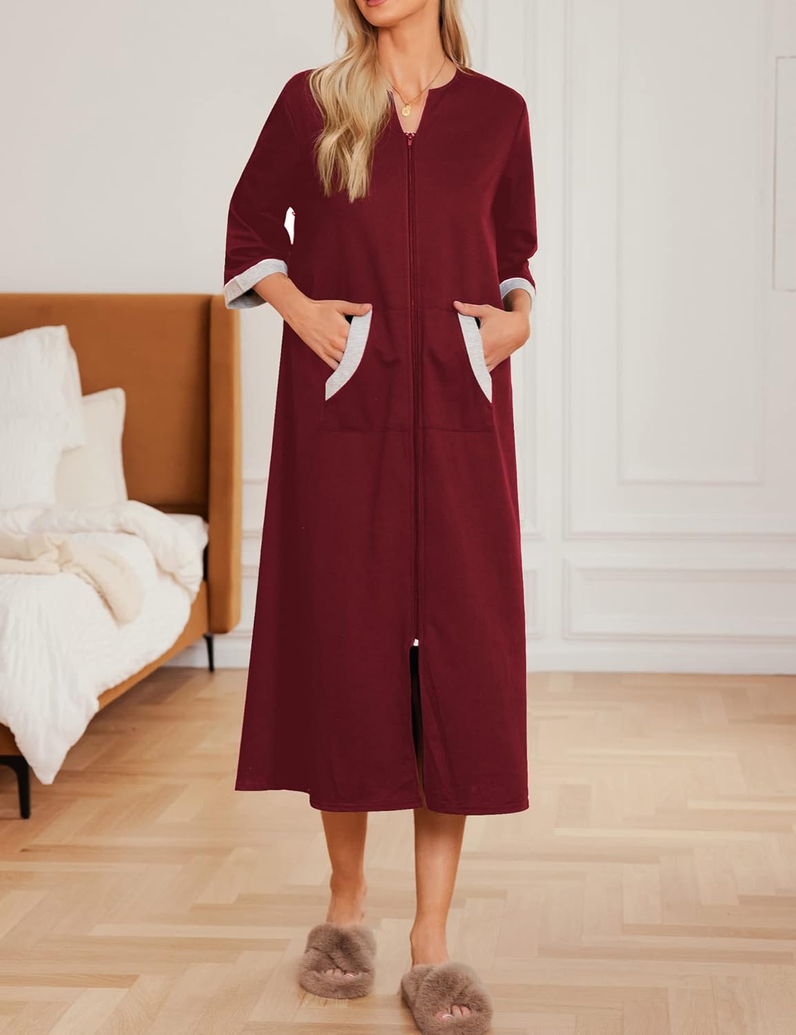 Ekouaer Women Zipper Robe 3/4 Sleeves Loungewear Dress Full Length Sleepwear Pockets Housecoat Nightgown Long Bathrobe