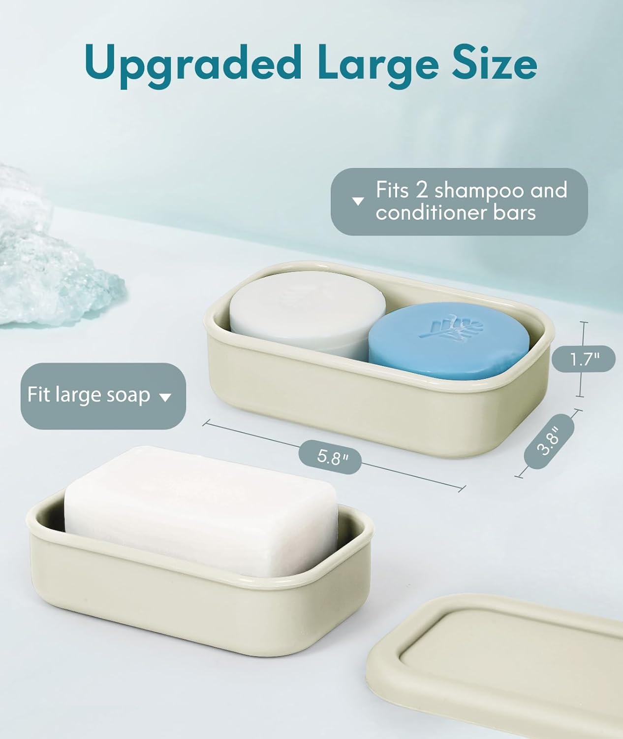 Quatish Solid Shampoo Bar Holder, Large Leakproof Travel Soap Case, Silicone Soap Box with Draining Layer, Enhanced Soap Container, Suitable for Camping, Gym, Bathroom, Outdoor Essentials, Off White