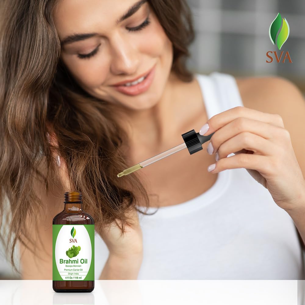 SVA Brahmi Oil - 4 Fl Oz – 100% Natural Cold Pressed Brahmi Oil - for Face, Skin Care, Hair Care, Scalp Massage & Body Massage – Carrier Oil with Dropper