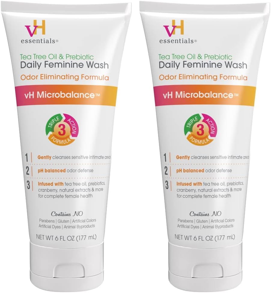 vH essentials, Ph Balanced Daily Feminine Wash, Tea Tree Oil & Prebiotic, 6, Fl Oz, (Pack Of 2) 54306 Clear