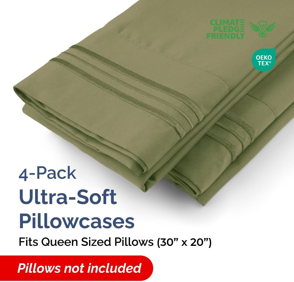 Queen Pillow Cases Set of 4 - Ultra Soft Hotel Quality Pillowcase Covers - Comfy, Cozy & Wrinkle Free - Shrink, Stain & Fade Resistant - Machine Washable Pillow Protectors - 4 Piece Set - Sage Green