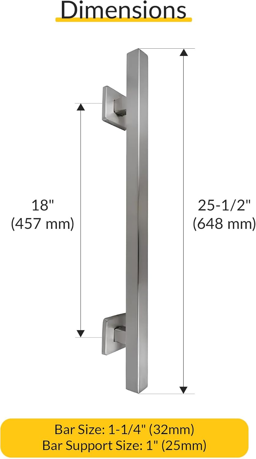Brixwell Straight Square Grab Bar Stainless Steel Material, Brushed Stainless Steel Finish, 25-1/2" Length, 18" Hole Spacing, Tubular 1-1/4" Diameter, Included Cover Flanges and Mounting Hardware